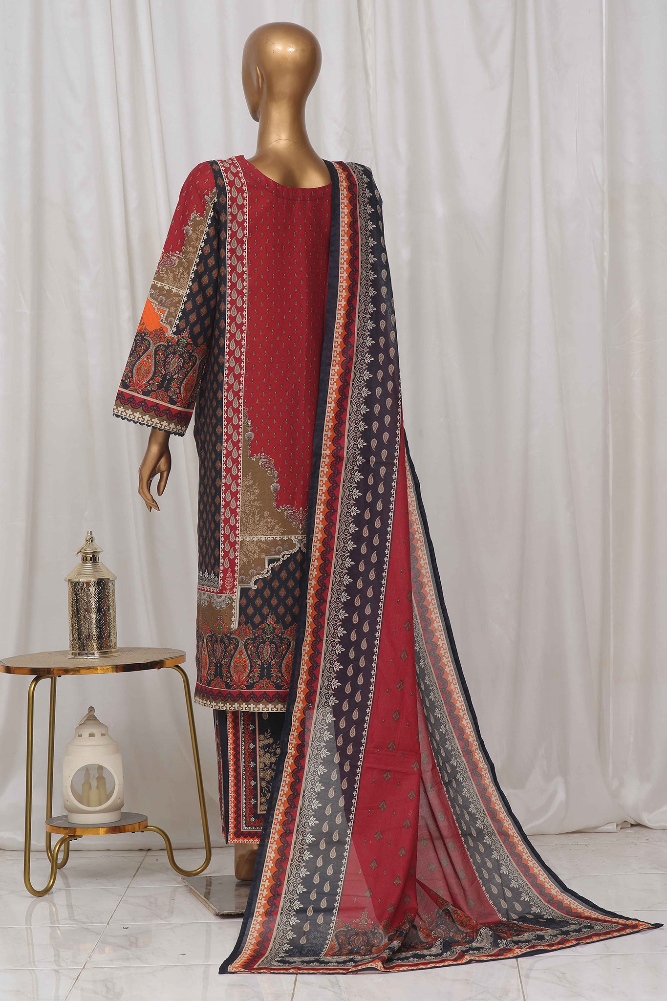 Bin Saeed Stitched 3 Piece Exclusive Printed Lawn Vol-04 Collection-SM-1374-Red