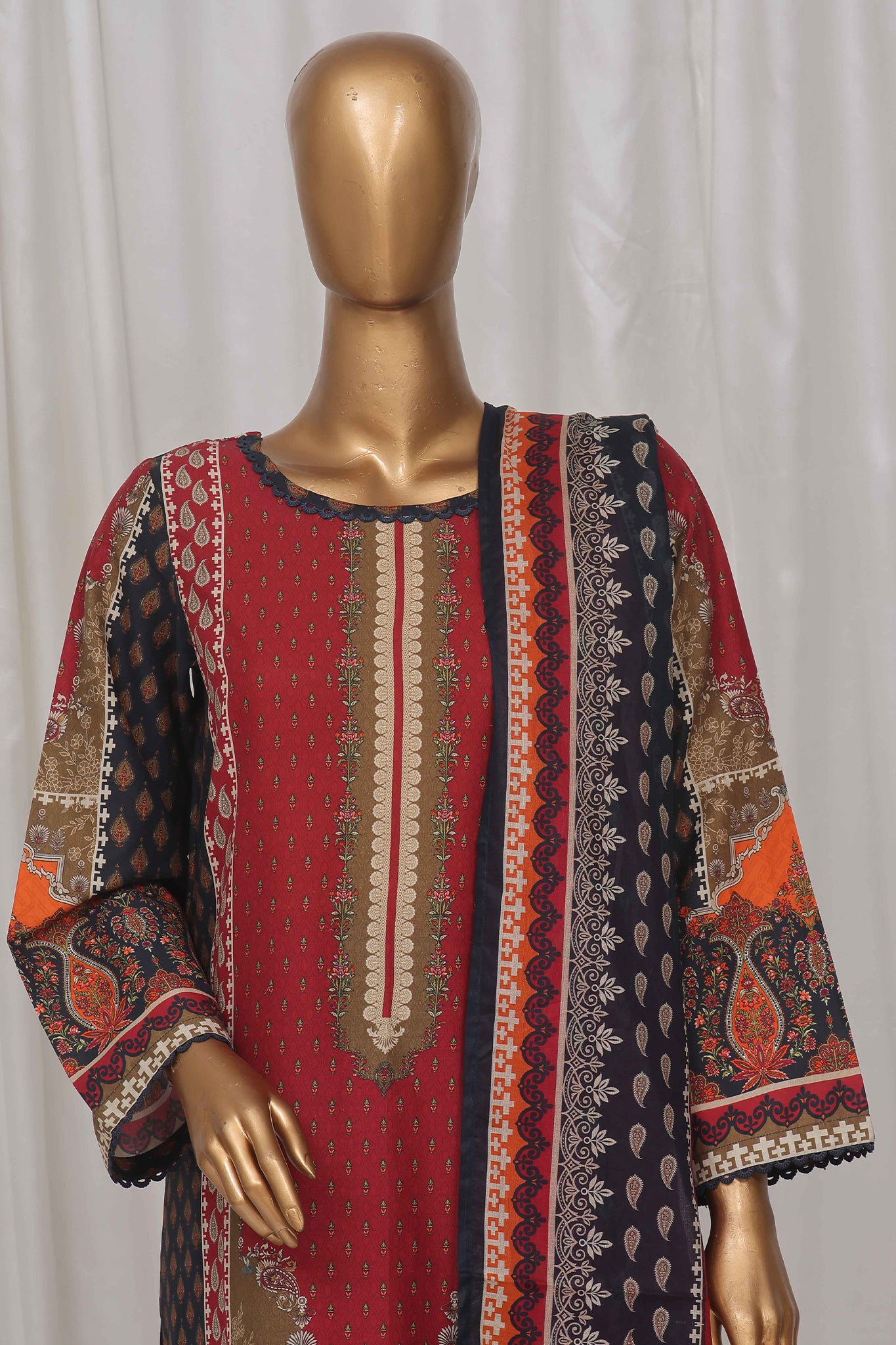 Bin Saeed Stitched 3 Piece Exclusive Printed Lawn Vol-04 Collection-SM-1374-Red