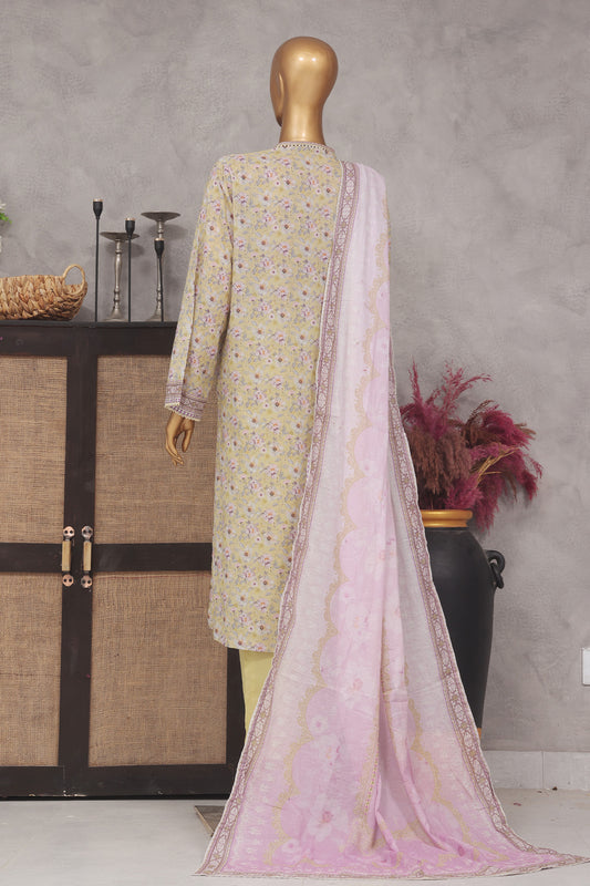 Bin Saeed Stitched 3 Piece Exclusive Printed Lawn Vol-01 Collection-SM-1404-Beige