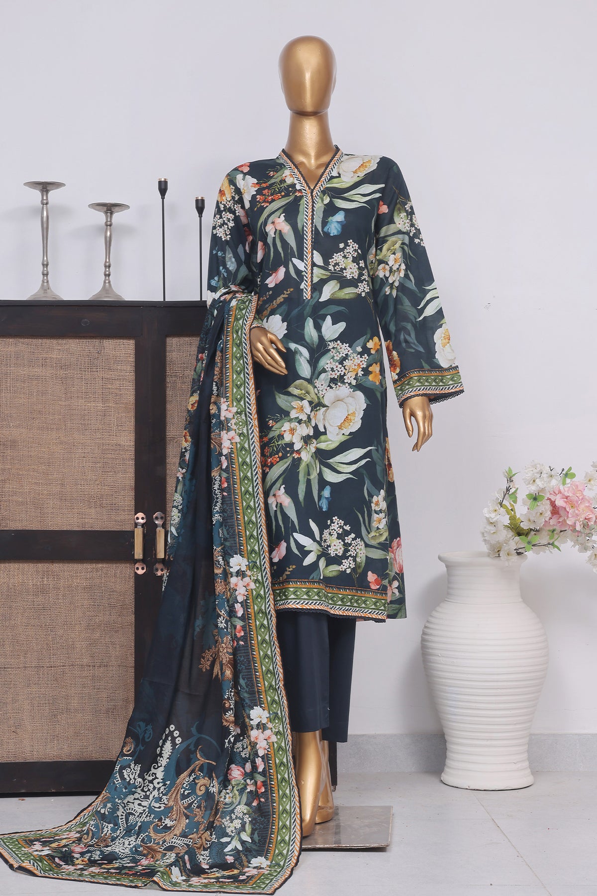 Bin Saeed Stitched 3 Piece Exclusive Printed Lawn Vol-01 Collection-SM-1406-Blue