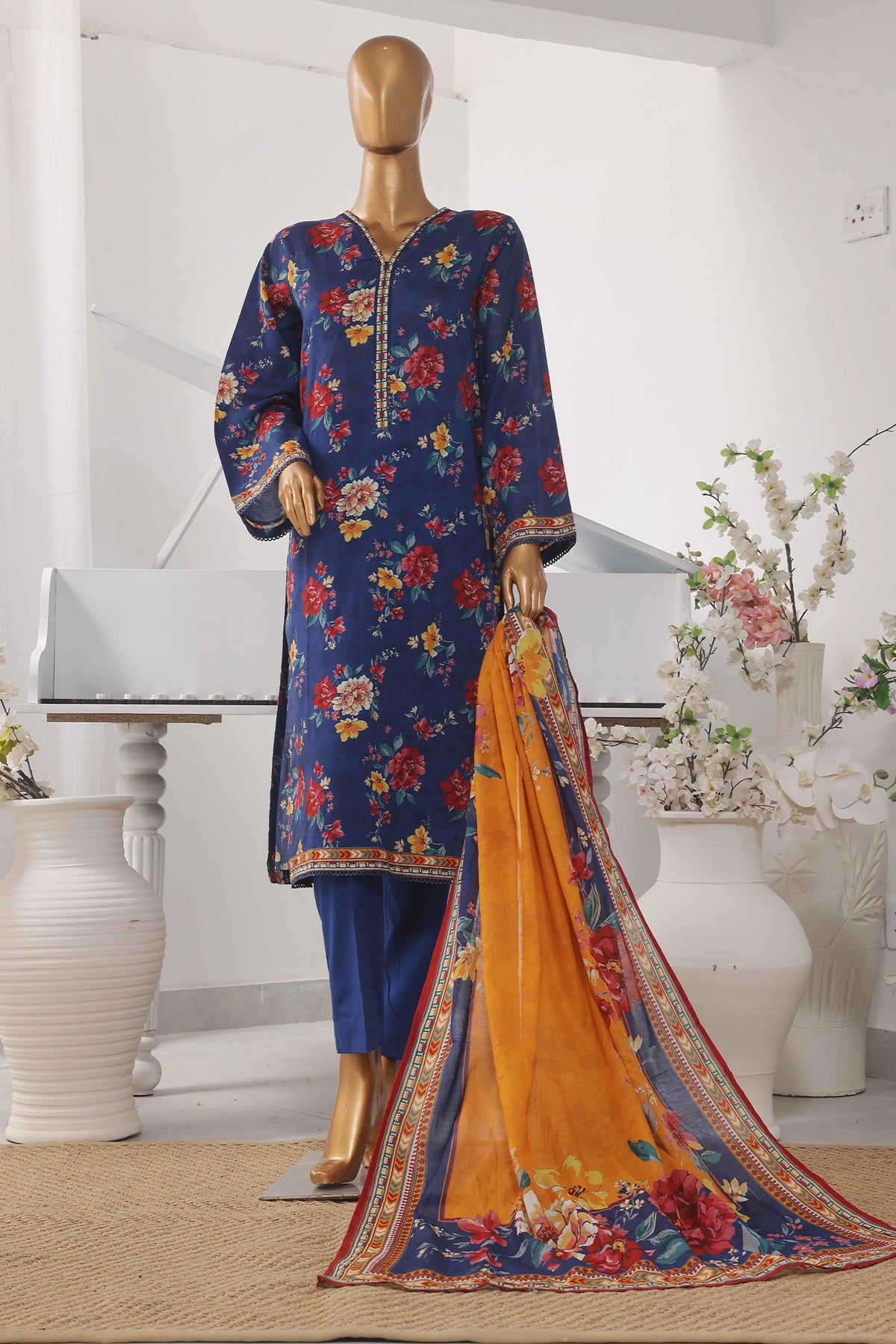Bin Saeed Stitched 3 Piece Exclusive Printed Lawn Vol-05 Collection-SM-1430-Blue