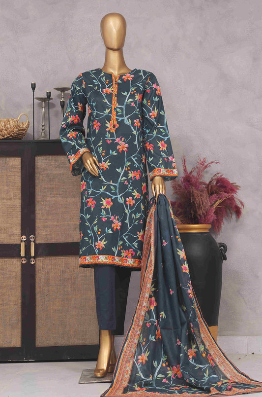 Bin Saeed Stitched 3 Piece Exclusive Printed Lawn Vol-01 Collection-SM-1446-Dark Green