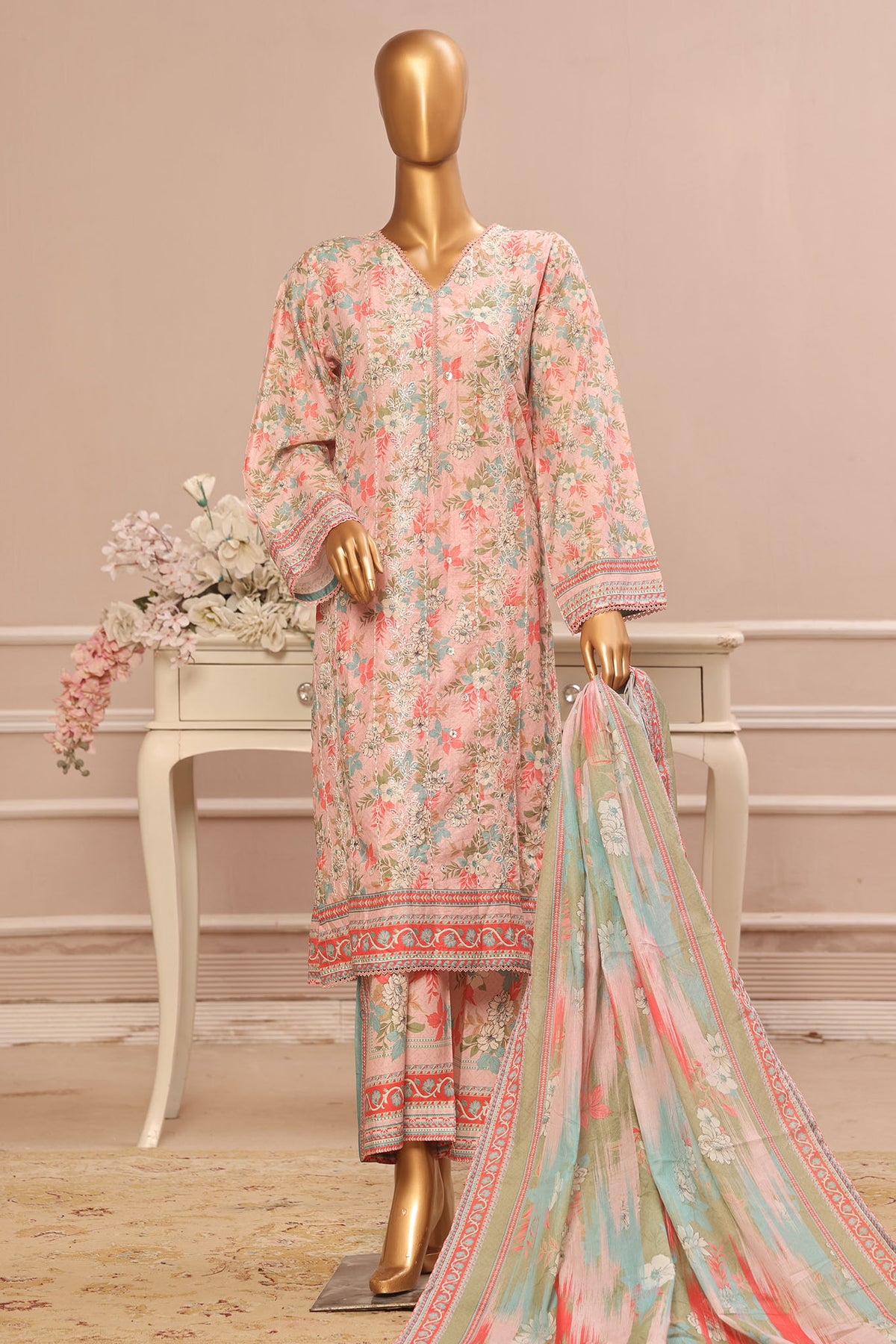 Bin Saeed Stitched 3 Piece Exclusive Emb Lawn Vol-02 Collection-SM-1558-Pink