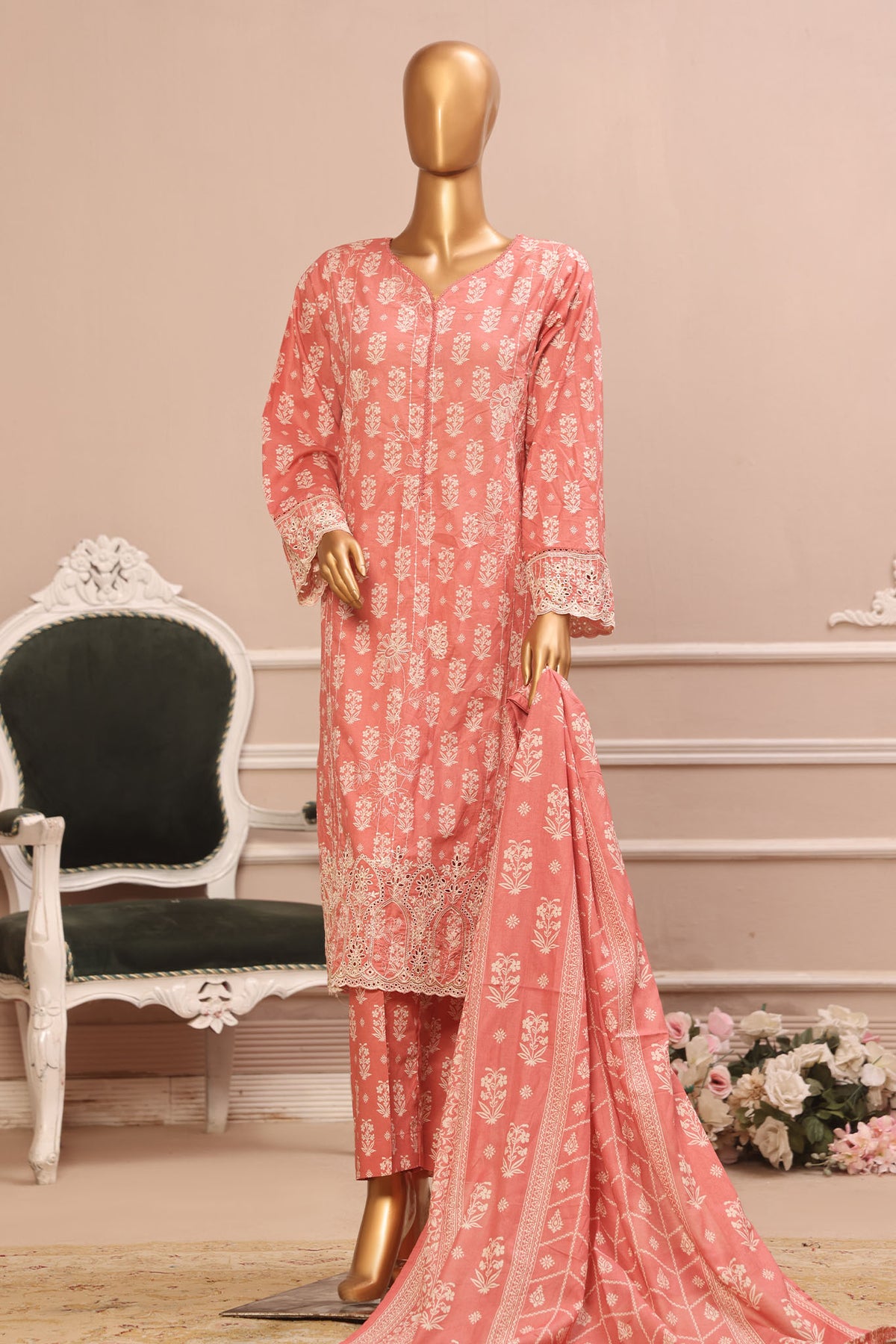 Bin Saeed Stitched 3 Piece Exclusive Emb Lawn Vol-02 Collection-SM-1580-Pink