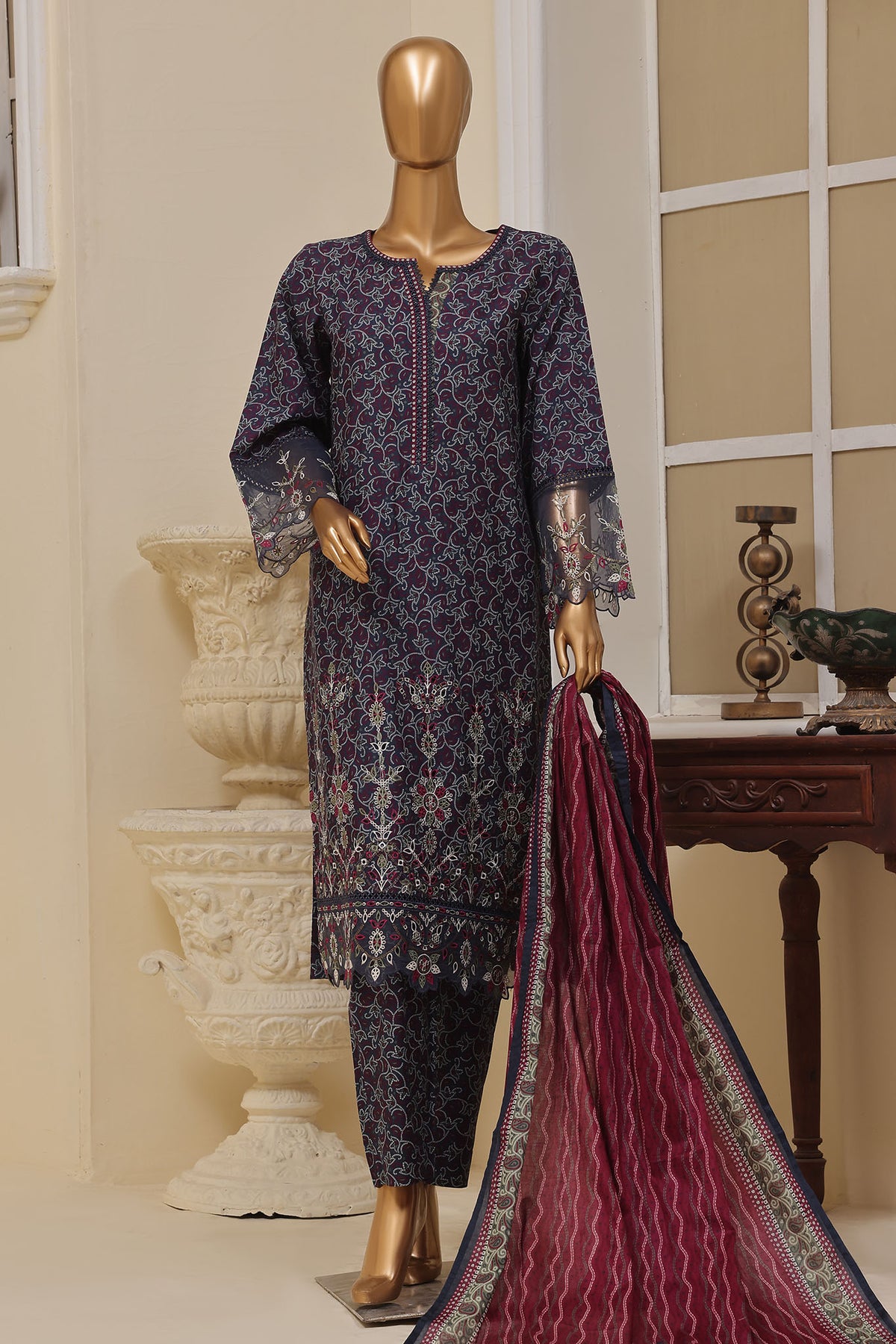 Bin Saeed Stitched 3 Piece Exclusive Emb Lawn Vol-02 Collection-SM-1582-Blue