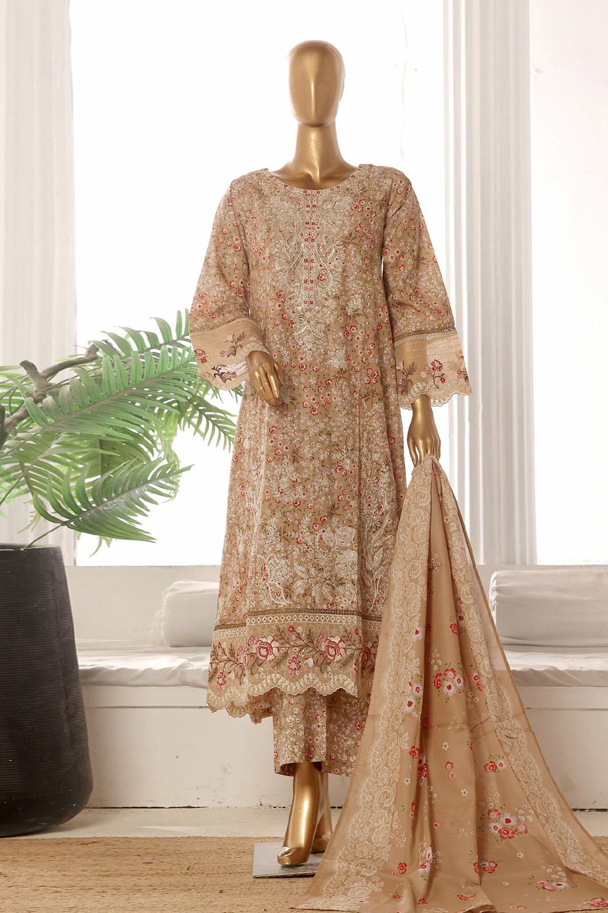 Bin Saeed Stitched 3 Piece Emb Lawn Frock Vol-02 Collection-SM-1621-Skin