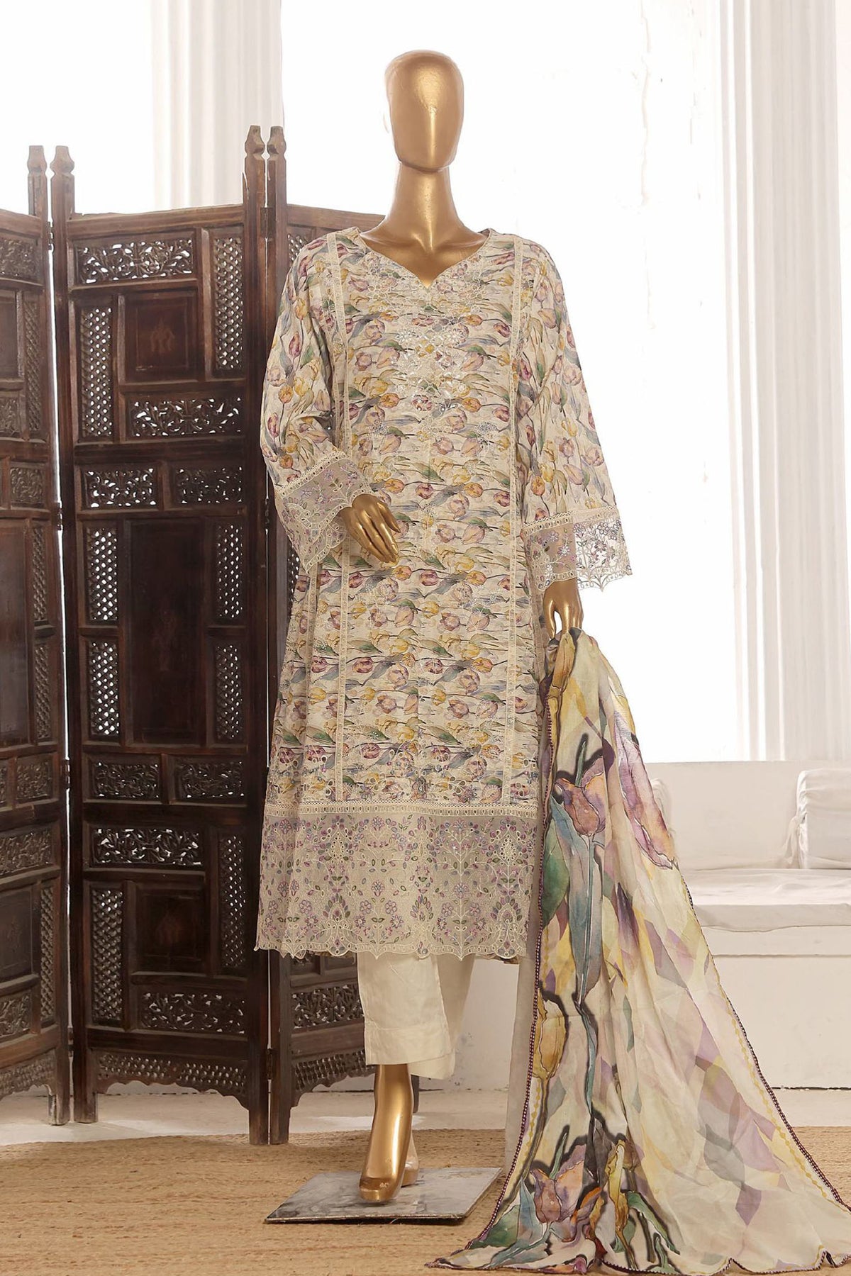 Bin Saeed Stitched 3 Piece Emb Lawn Frock Vol-02 Collection-SM-1626-Skin