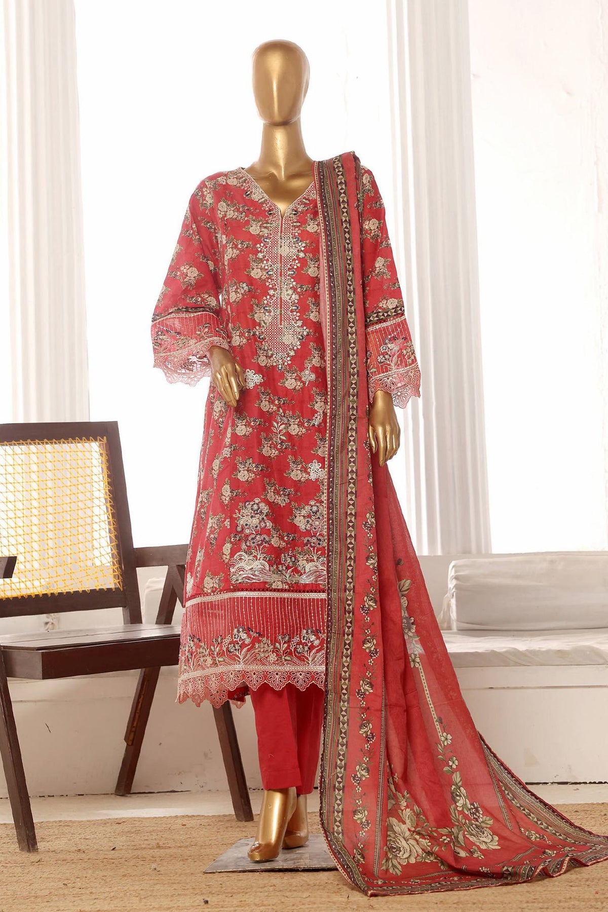 Bin Saeed Stitched 3 Piece Emb Lawn Frock Vol-02 Collection-SM-1627-Red