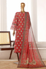 Bin Saeed Stitched 3 Piece Emb Lawn Frock Vol-02 Collection-SM-1627-Red