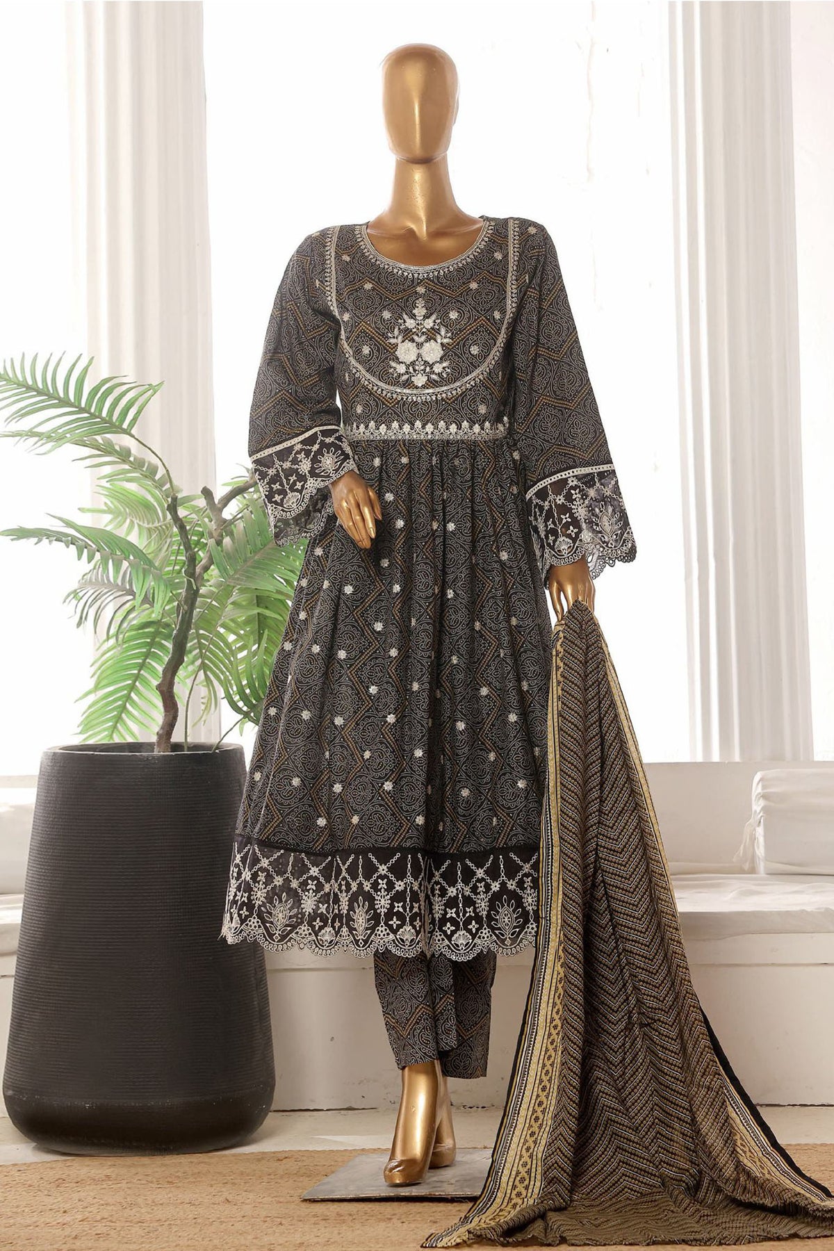 Bin Saeed Stitched 3 Piece Emb Lawn Frock Vol-02 Collection-SM-1632-Black