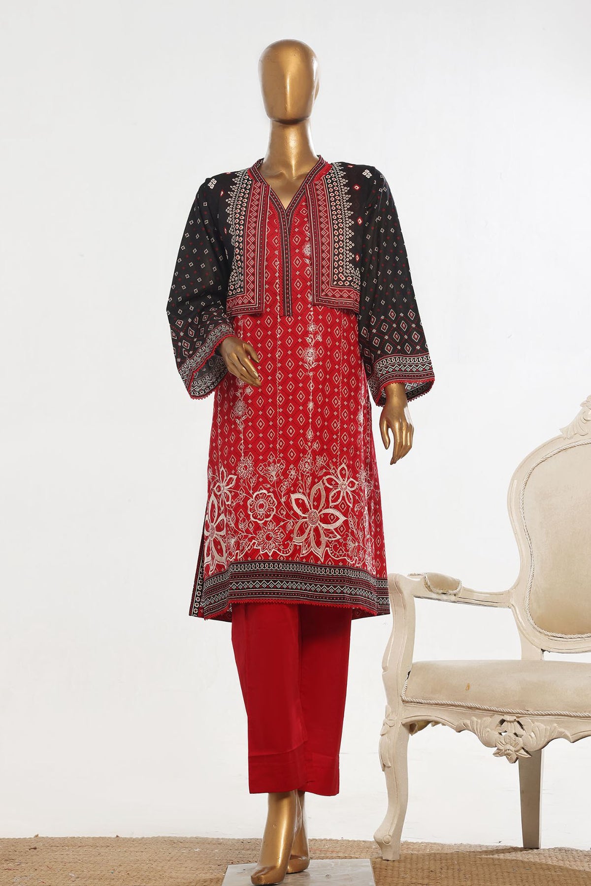 Bin Saeed Stitched 3 Piece Exclusive Emb Lawn With Coat Collection-SM-1648-Red