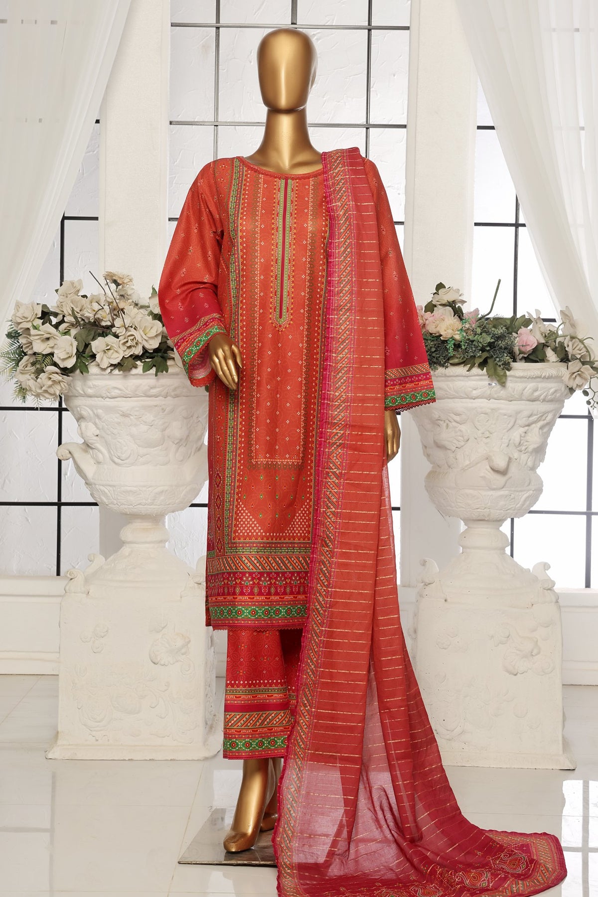 Bin Saeed Stitched 3 Piece Exclusive Printed Lawn Collection-SM-1682-Orange