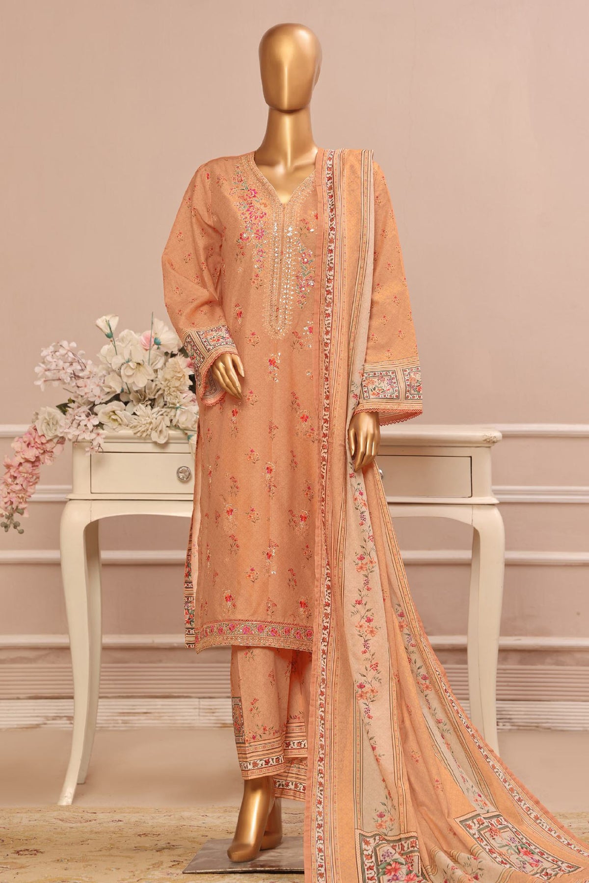 Bin Saeed Stitched 3 Piece Exclusive Emb Lawn Vol-03 Collection-SM-1684-Orange