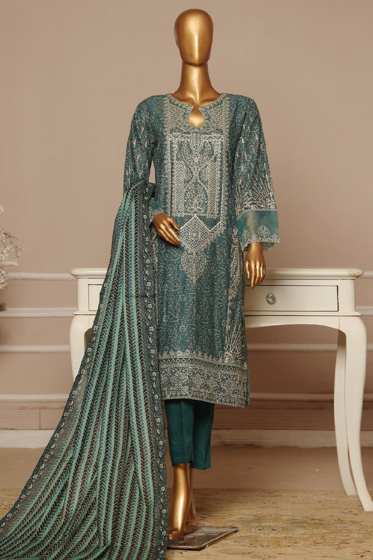 Bin Saeed Stitched 3 Piece Exclusive Emb Lawn Vol-03 Collection-SM-1688-Green