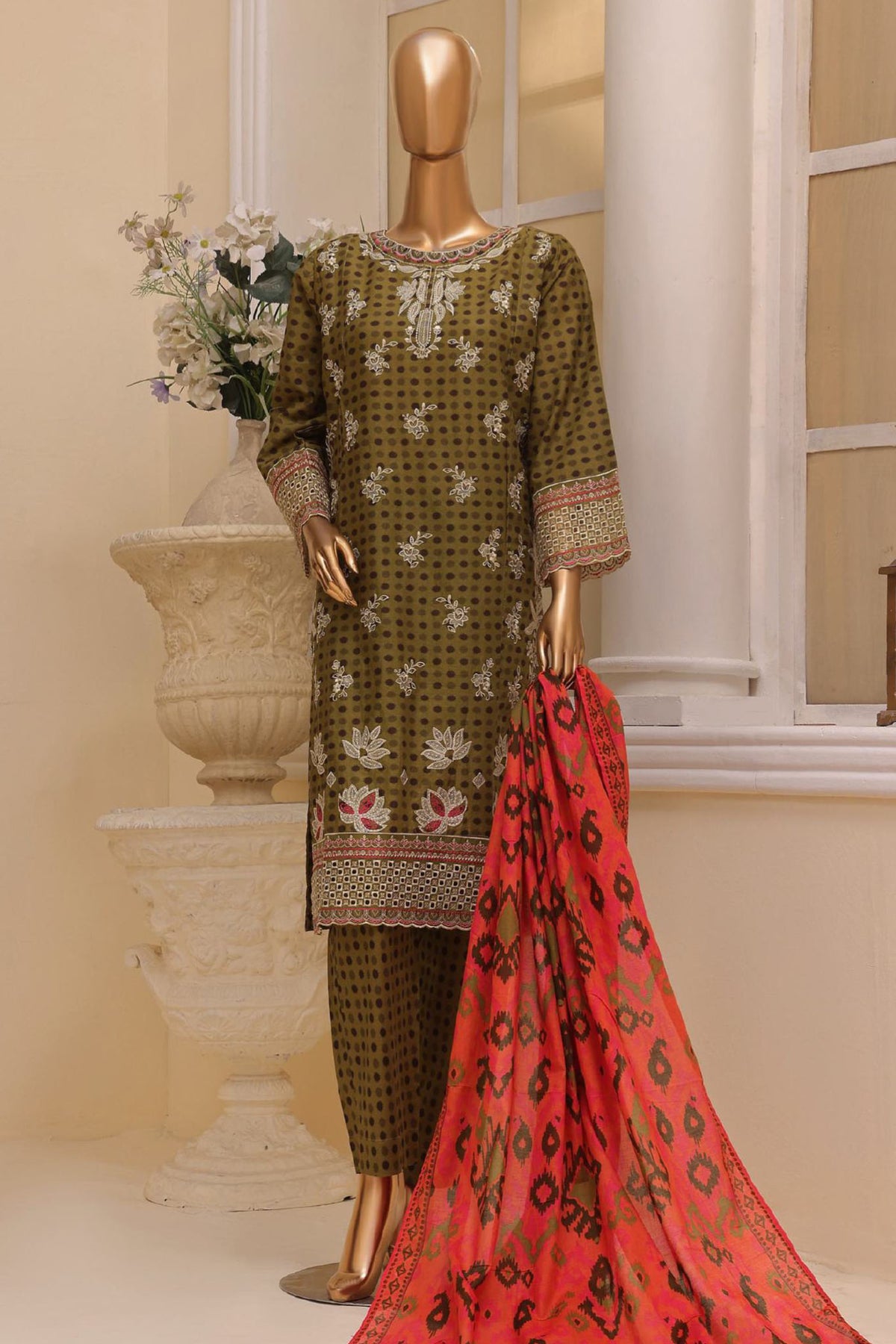 Bin Saeed Stitched 3 Piece Exclusive Emb Lawn Vol-03 Collection-SM-1689-Mehndi