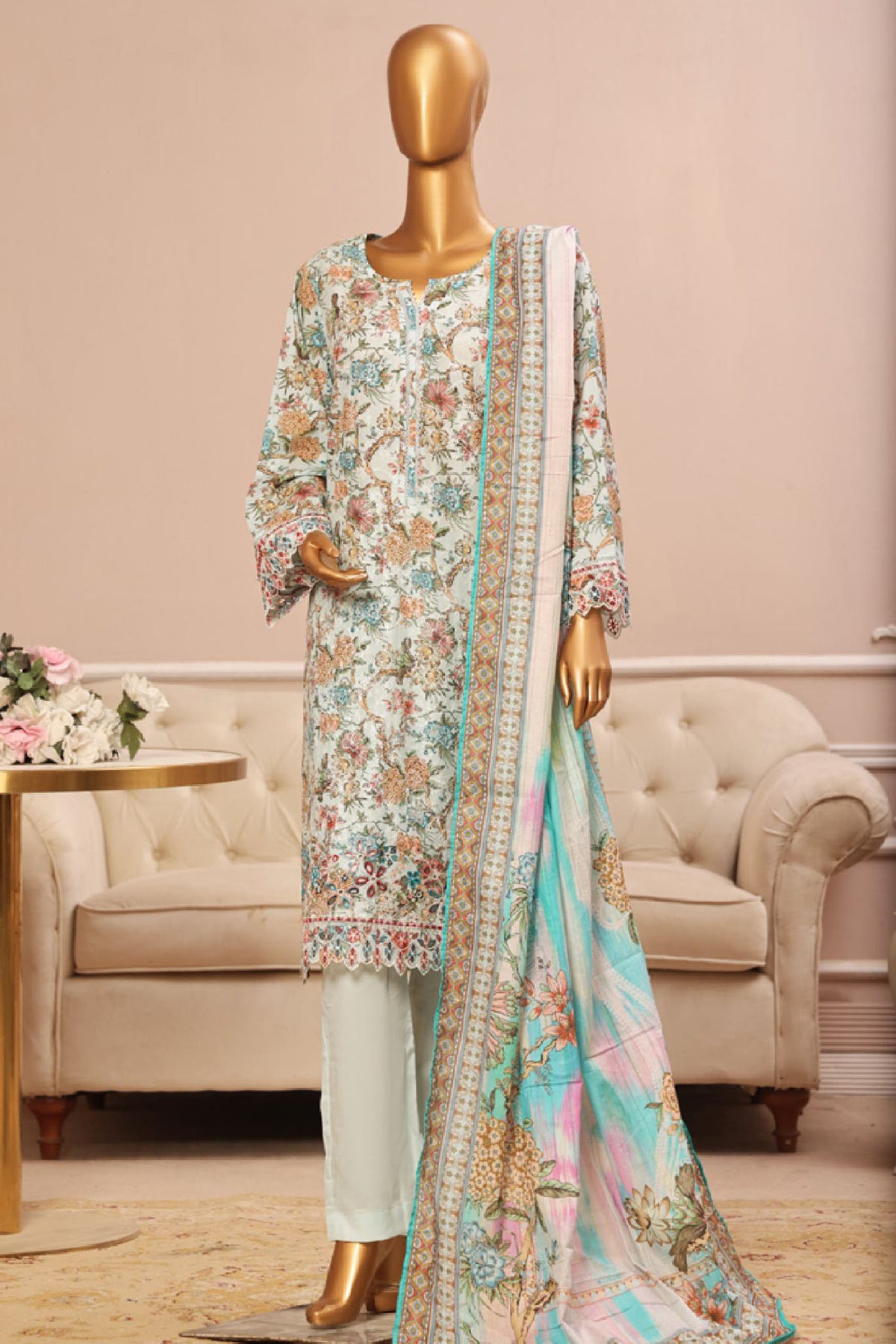 Bin Saeed Stitched 3 Piece Exclusive Emb Lawn Vol-03 Collection-SM-1694-Ferozi