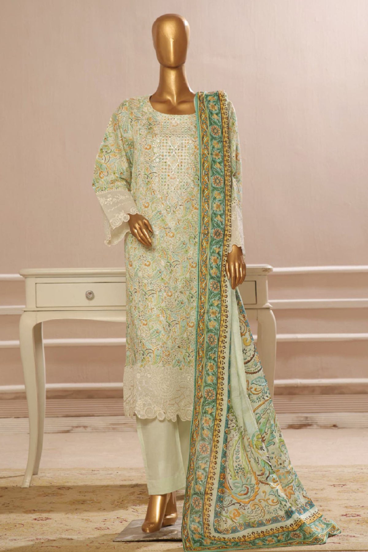 Bin Saeed Stitched 3 Piece Exclusive Emb Lawn Vol-03 Collection-SM-1695-Green