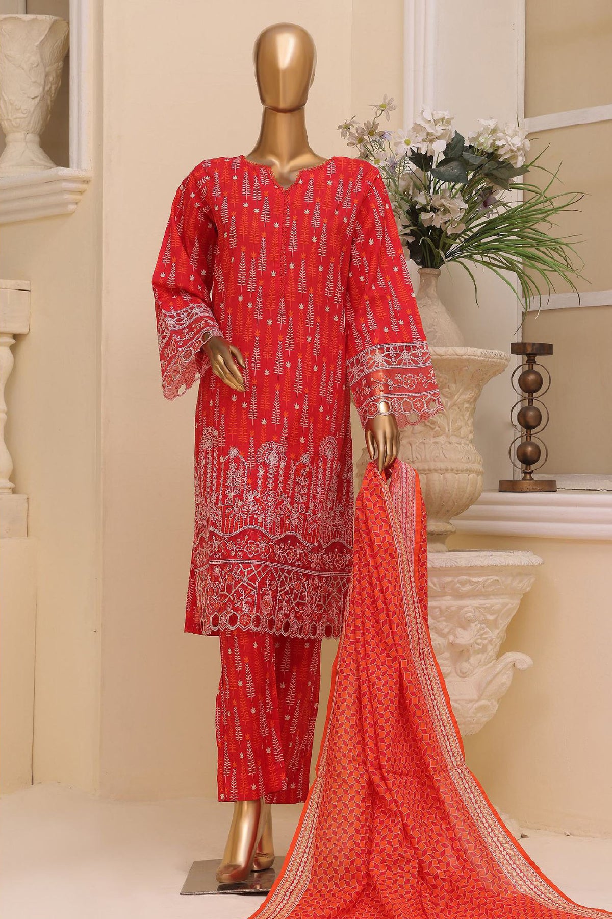 Bin Saeed Stitched 3 Piece Exclusive Emb Lawn Vol-03 Collection-SM-1700-Red