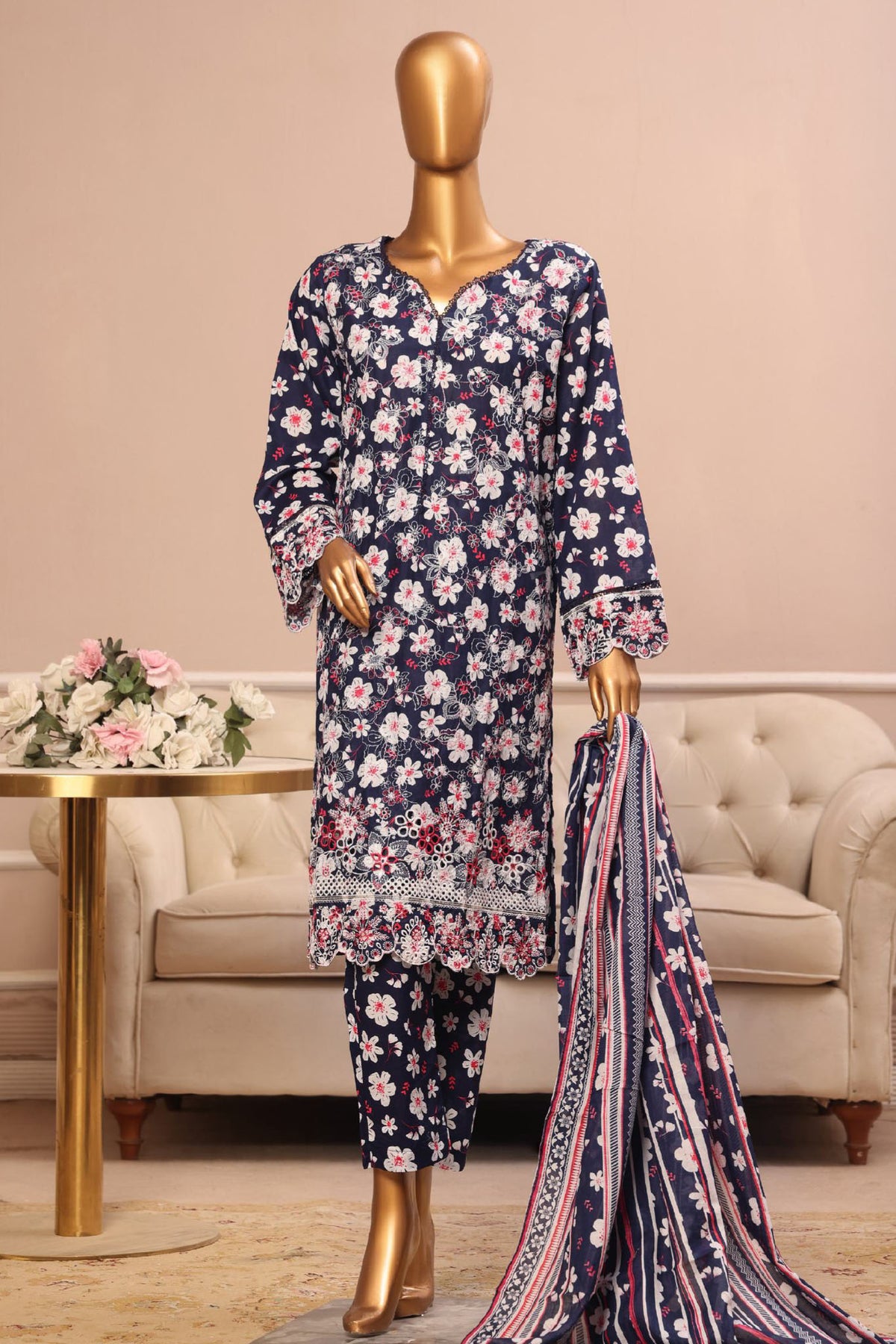 Bin Saeed Stitched 3 Piece Exclusive Emb Lawn Vol-03 Collection-SM-1701-Blue