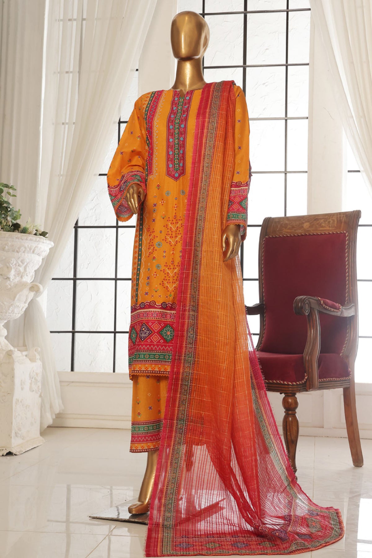 Bin Saeed Stitched 3 Piece Exc Printed Lawn Vol-02 Collection-SM-1708-Yellow
