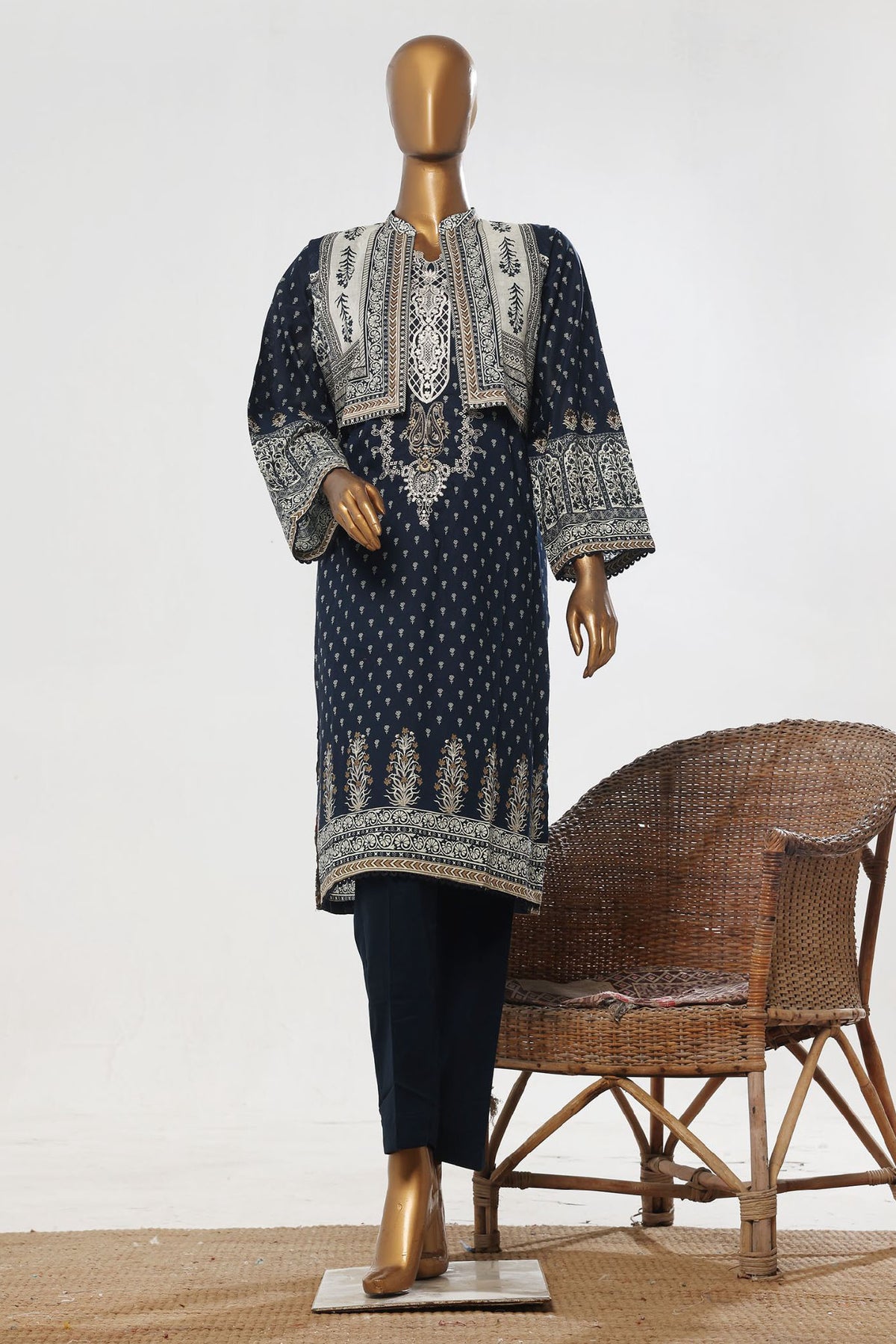 Bin Saeed Stitched 3 Piece Exclusive Emb Lawn With Coat Vol-02 Collection-SM-1732-Navy Blue