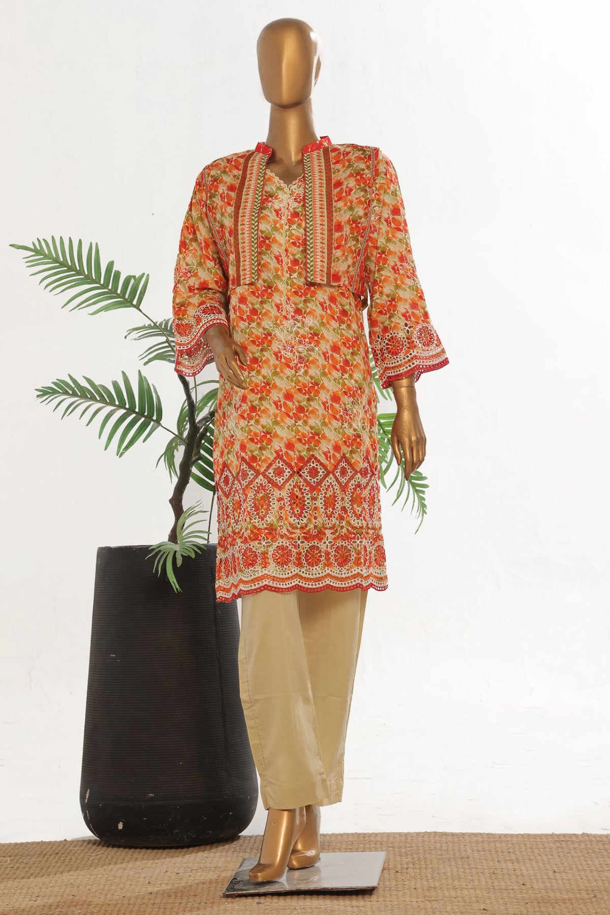 Bin Saeed Stitched 3 Piece Exclusive Emb Lawn With Coat Vol-02 Collection-SM-1735-Orange