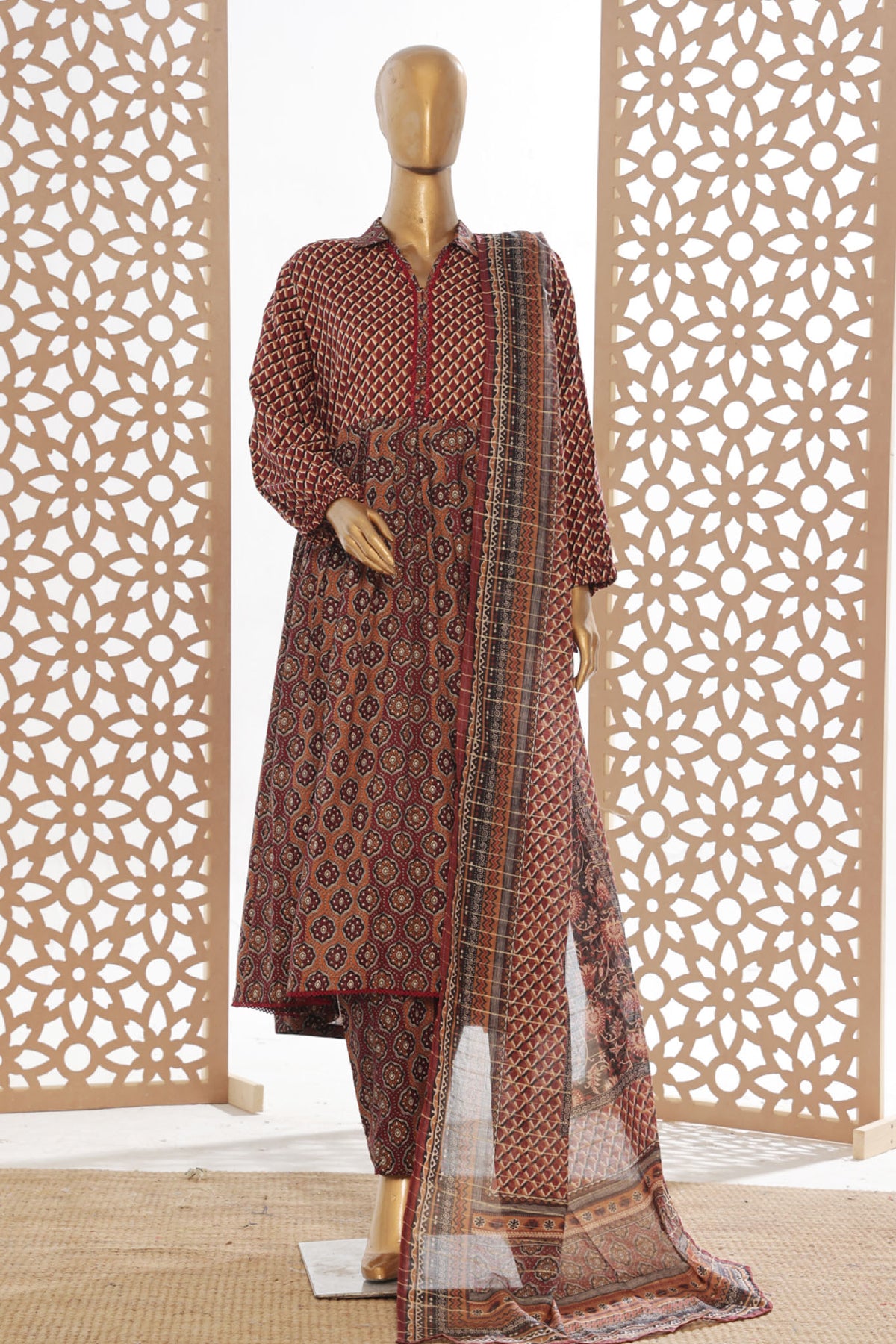 Bin Saeed Stitched 3 Piece Peplum Exclusive Printed Lawn Frock Collection-SM-1739-Maroon