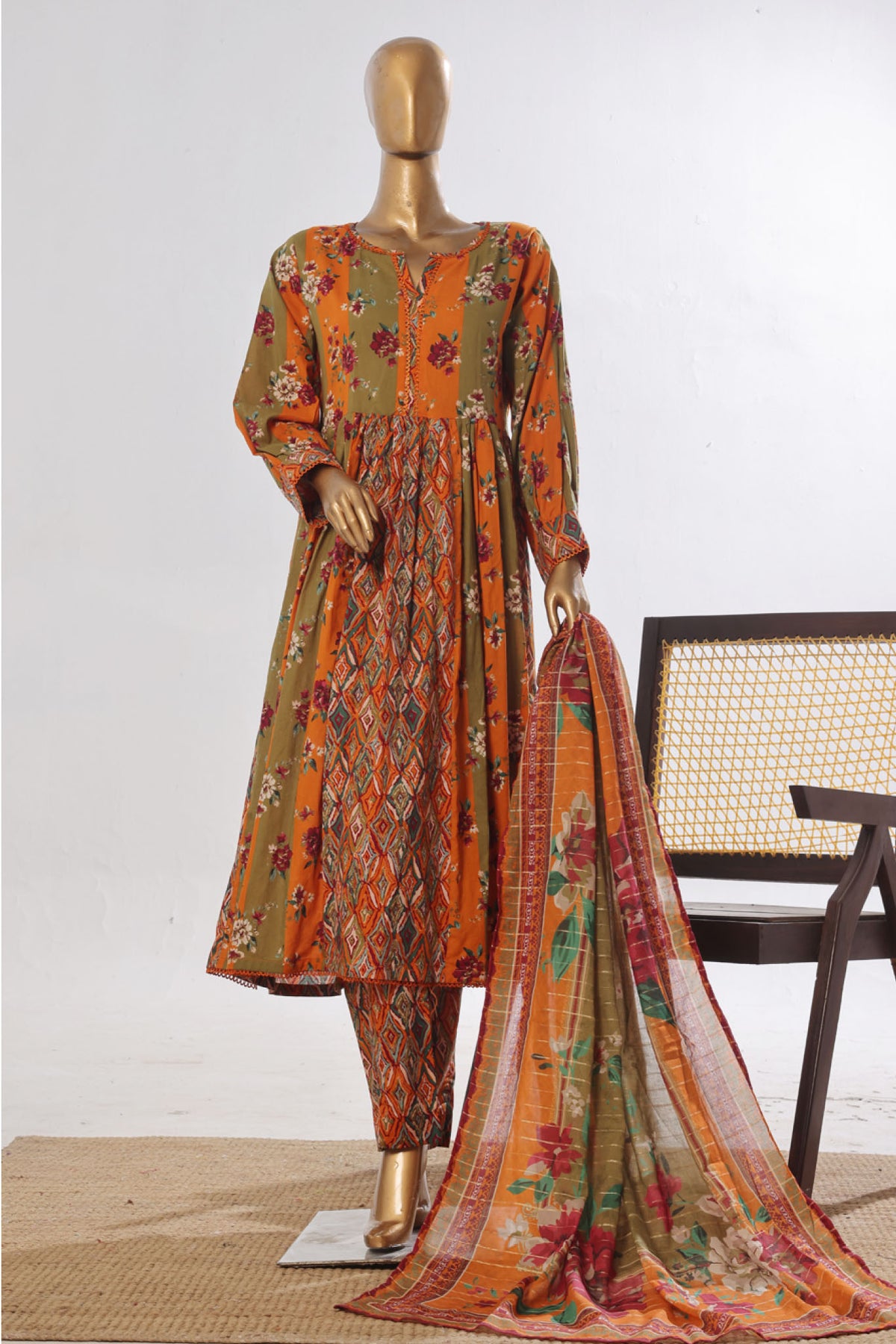 Bin Saeed Stitched 3 Piece Peplum Exclusive Printed Lawn Frock Collection-SM-1742-Orange