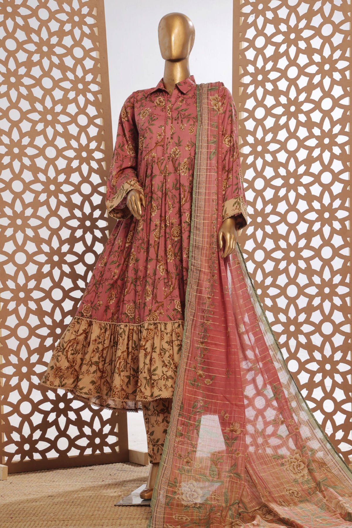 Bin Saeed Stitched 3 Piece Peplum Exclusive Printed Lawn Frock Collection-SM-1745-Pink