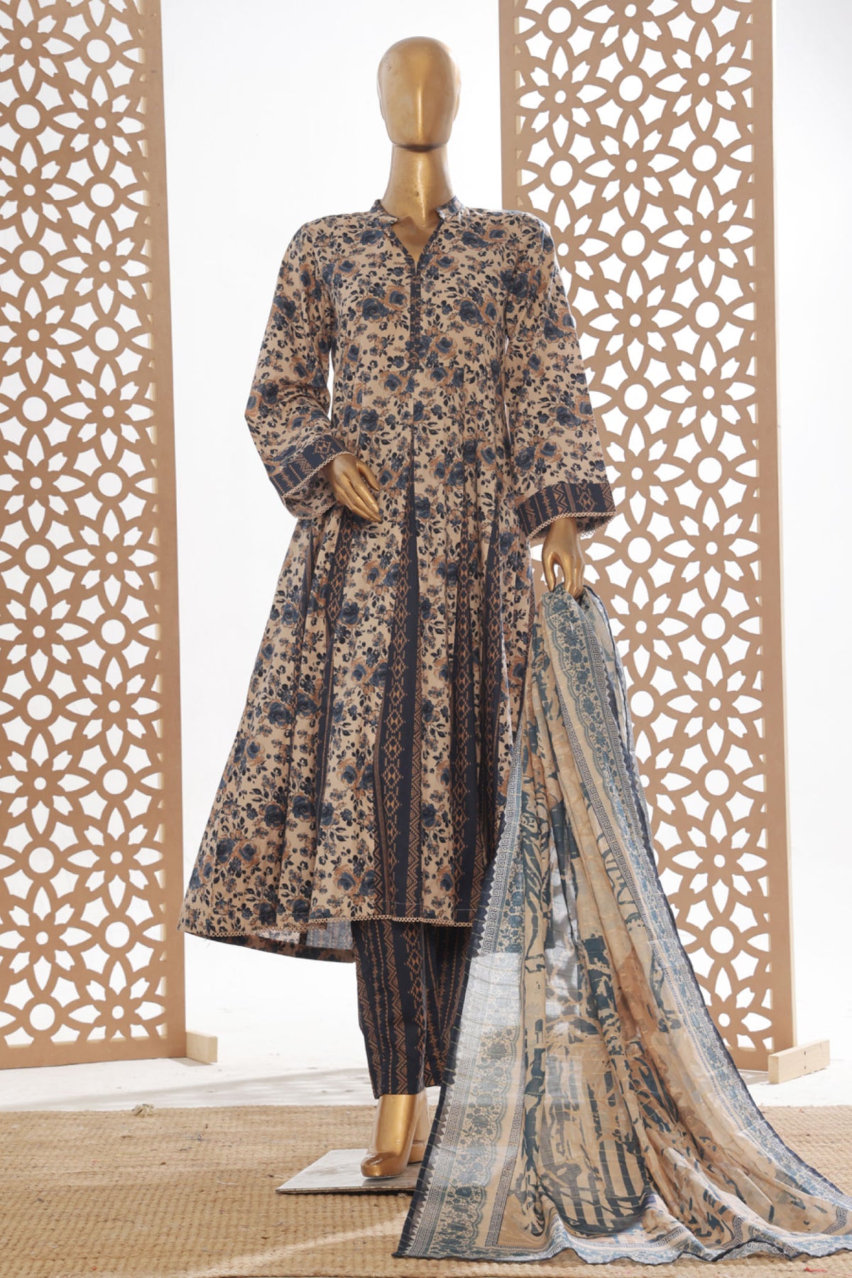 Bin Saeed Stitched 3 Piece Peplum Exclusive Printed Lawn Frock Collection-SM-1747-White