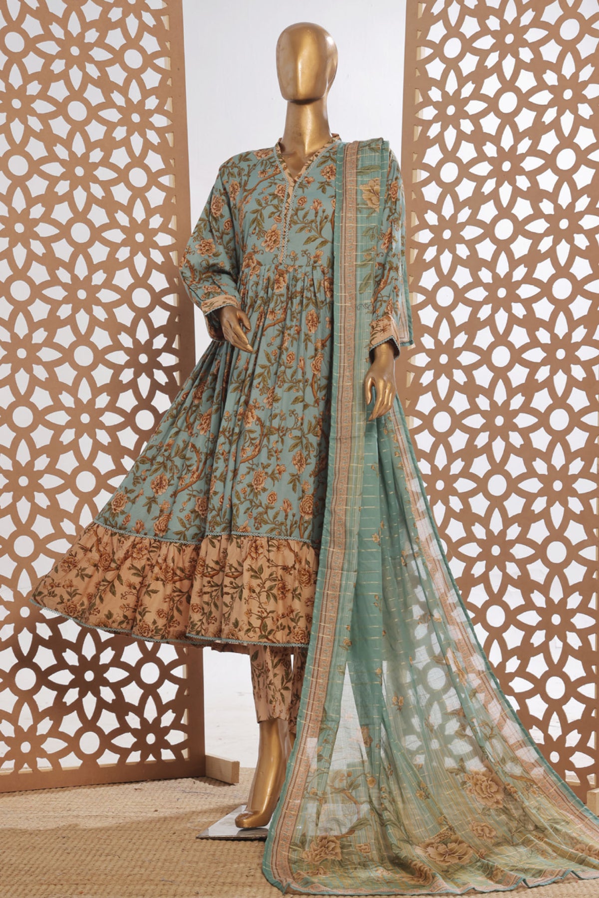 Bin Saeed Stitched 3 Piece Peplum Exclusive Printed Lawn Frock Collection-SM-1748-Ferozi