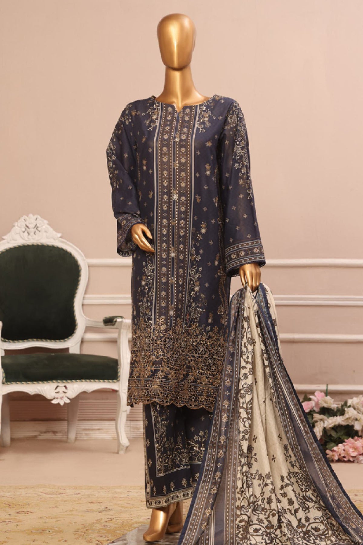 Eid Ke Rang By Bin Saeed Stitched 3 Piece Chikankari Lawn Collection'2025-SM-1766-Blue