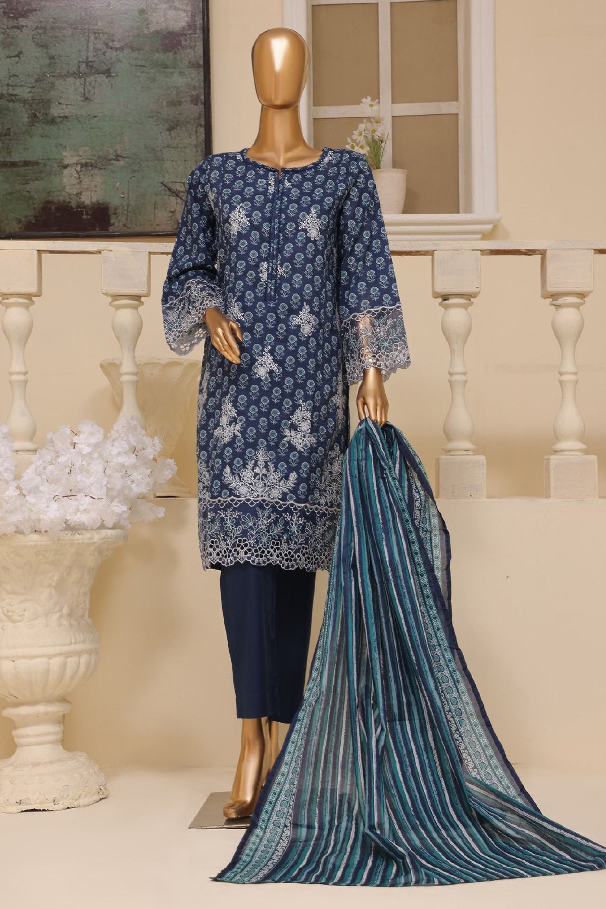 Eid Ke Rang By Bin Saeed Stitched 3 Piece Chikankari Lawn Collection'2025-SM-1767-Blue