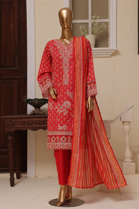 Eid Ke Rang By Bin Saeed Stitched 3 Piece Chikankari Lawn Collection'2025-SM-1769-Red