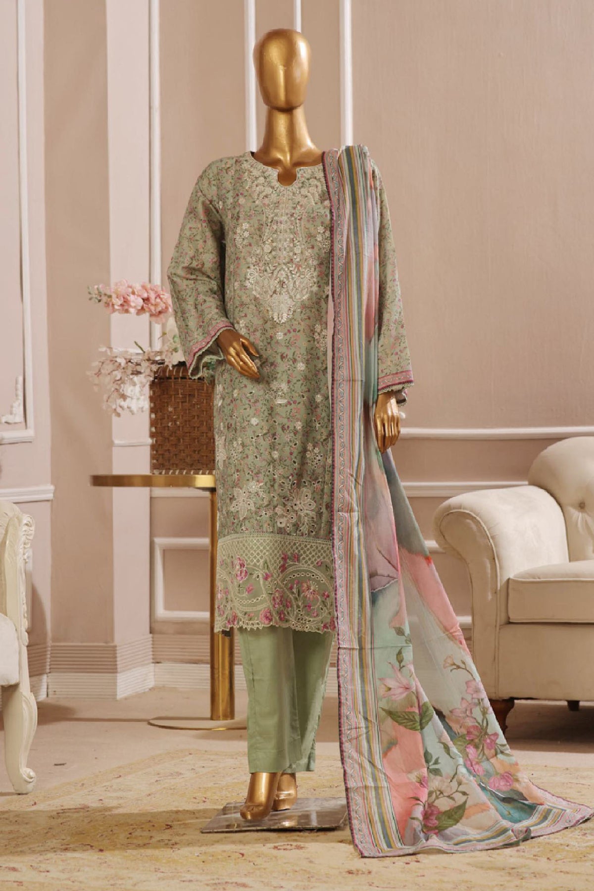 Eid Ke Rang By Bin Saeed Stitched 3 Piece Chikankari Lawn Collection'2025-SM-1777-Green