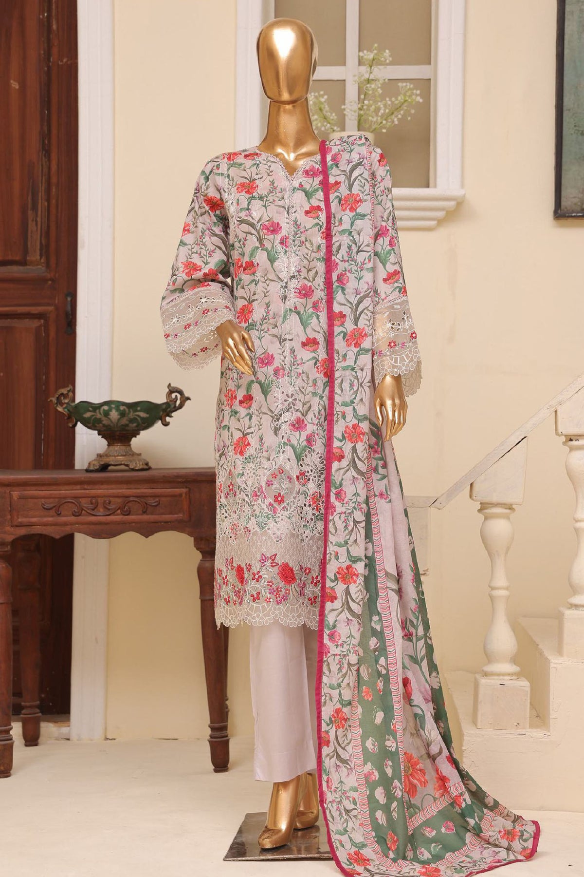 Eid Ke Rang By Bin Saeed Stitched 3 Piece Chikankari Lawn Collection'2025-SM-1780-Grey