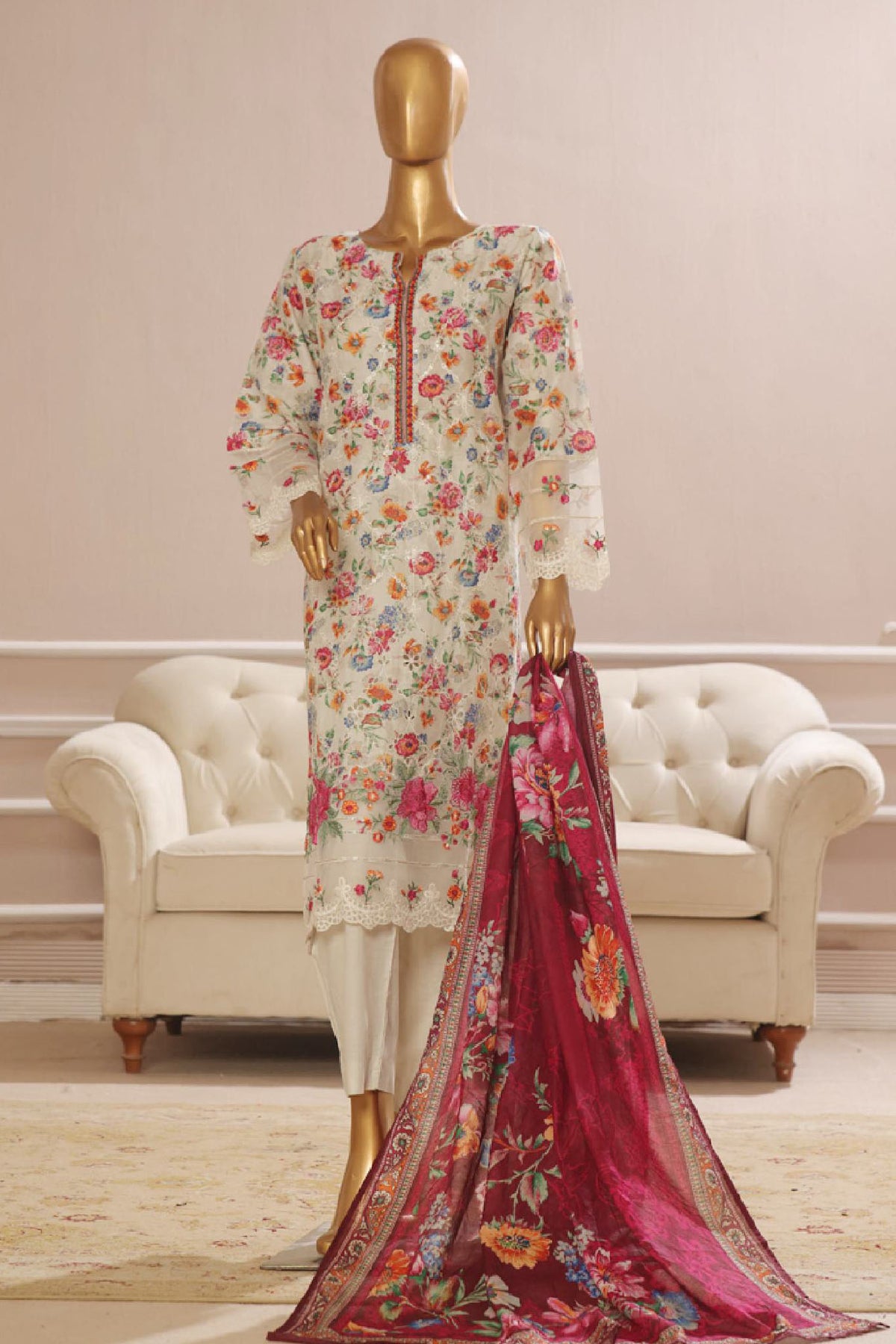 Eid Ke Rang By Bin Saeed Stitched 3 Piece Chikankari Lawn Collection'2025-SM-1782-Skin