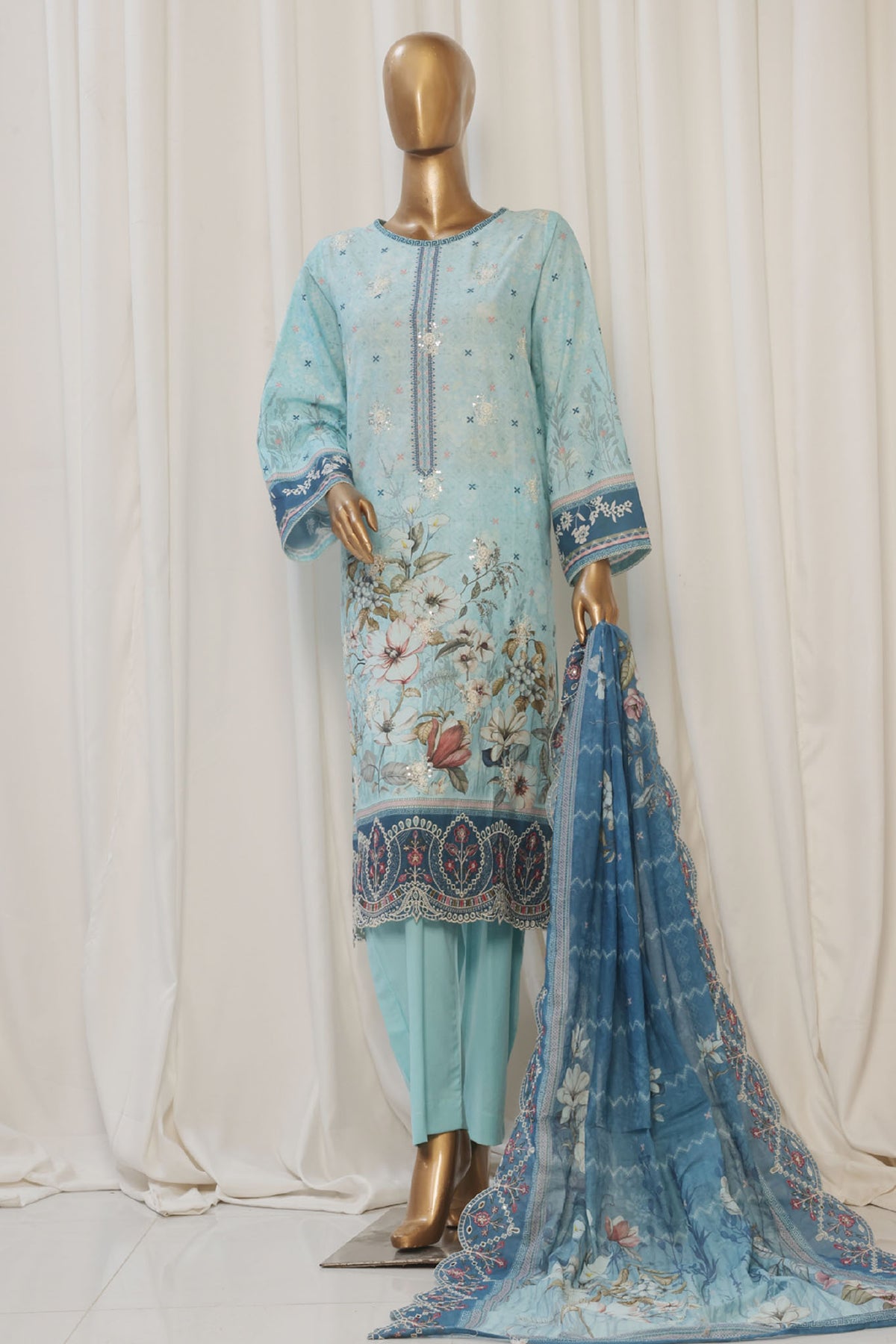 Bin Saeed Stitched 3 Piece Exclusive Emb Lawn Collection'2025-SM-1818-Ferozi