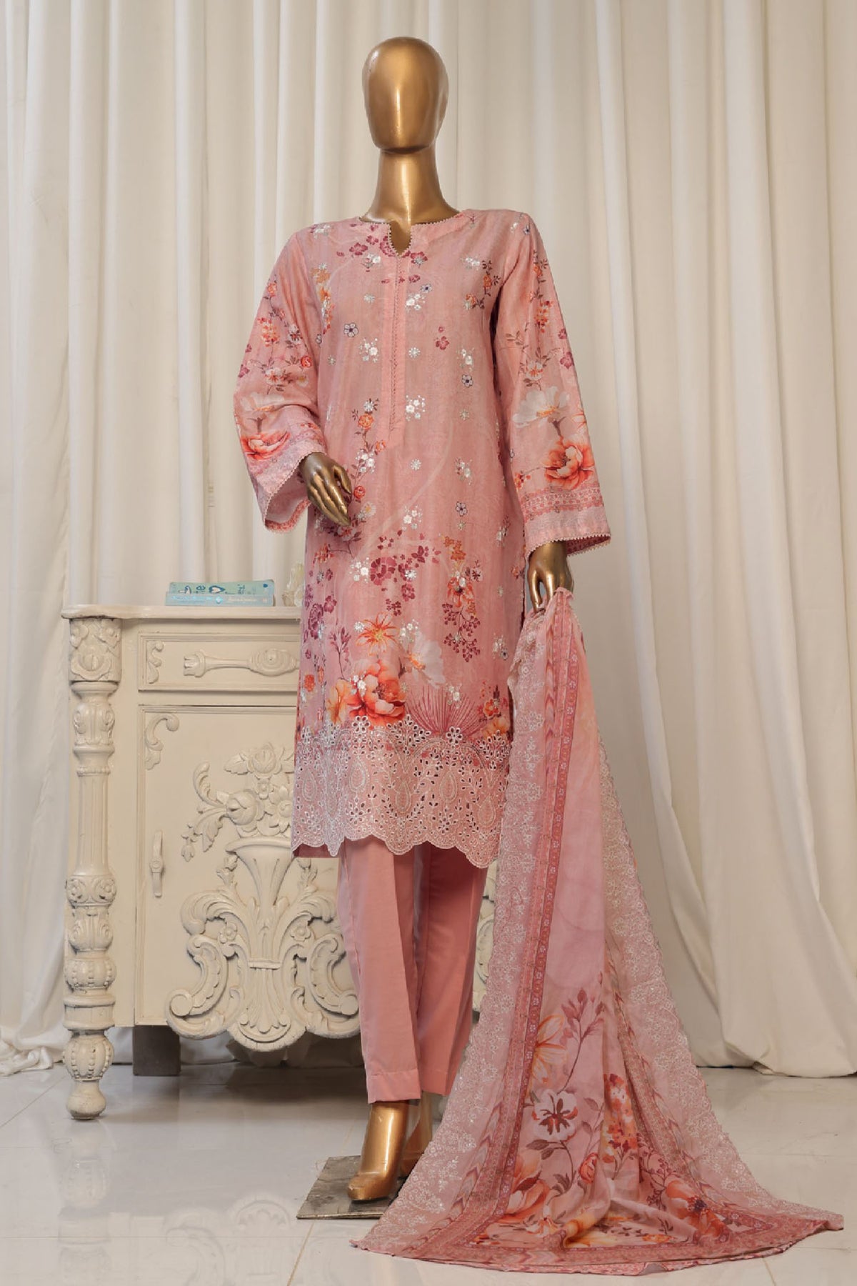 Bin Saeed Stitched 3 Piece Exclusive Emb Lawn Collection'2025-SM-1823-Peach