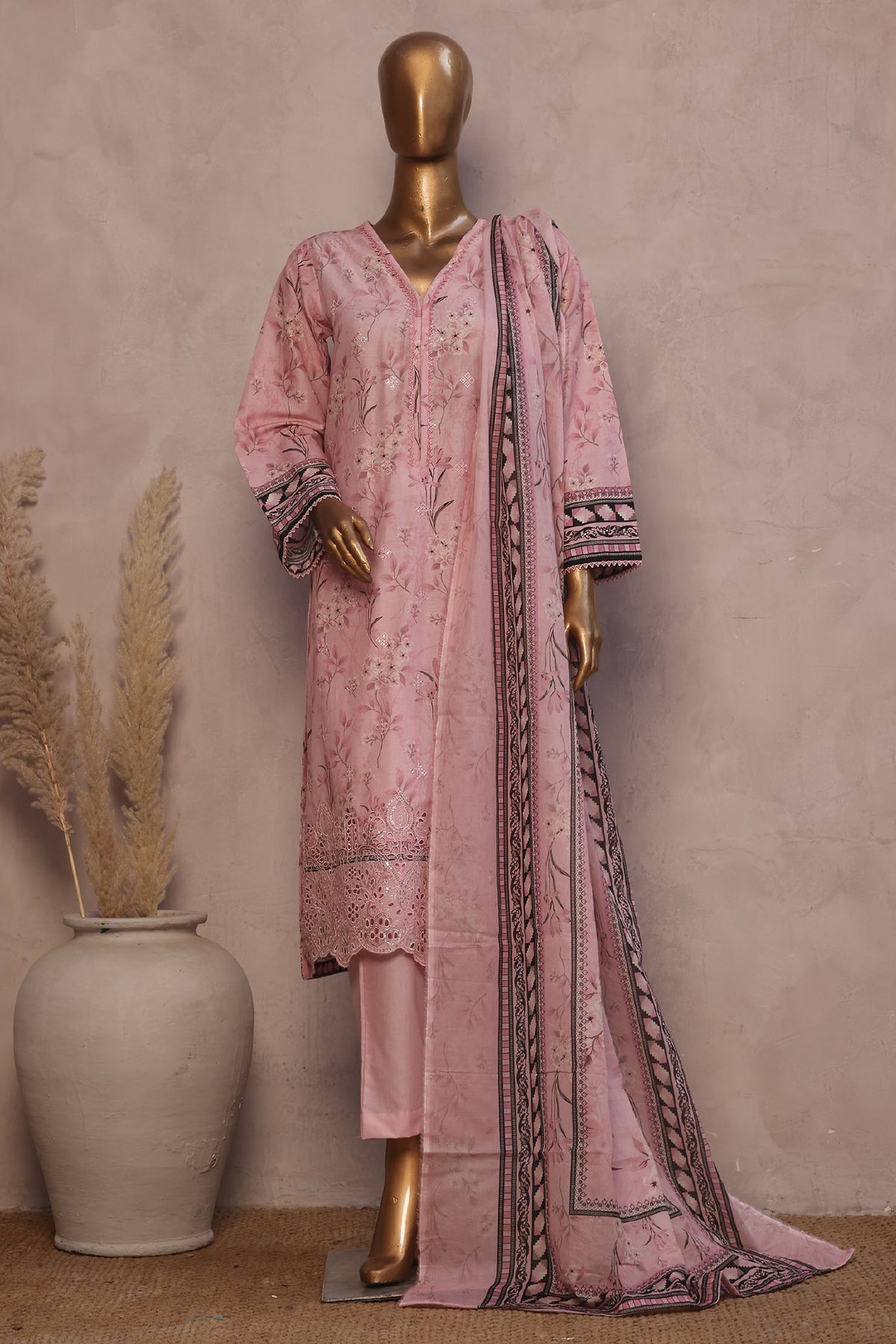 Ronaq E Eid By Bin Saeed Stitched 3 Piece Exc Emb Lawn Collection'2025-SM-1885-Pink