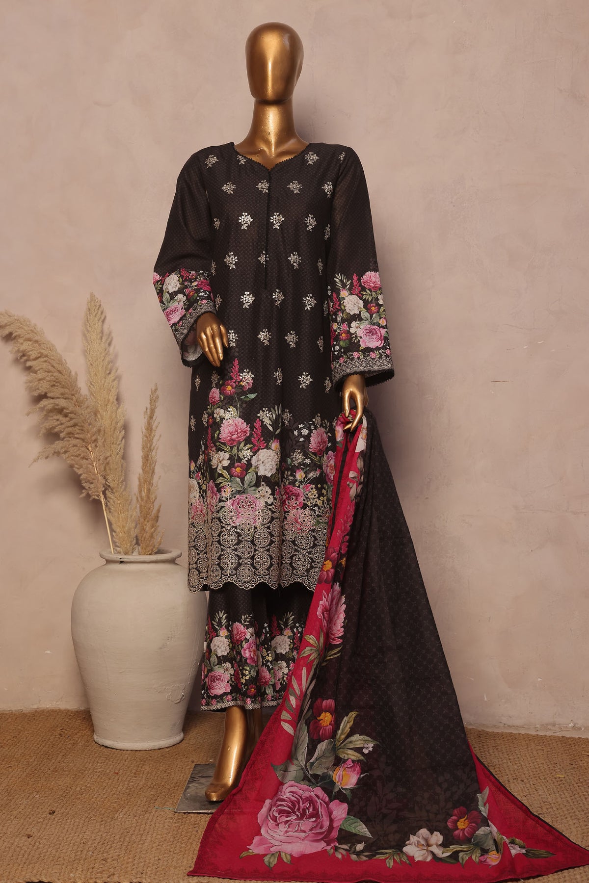 Ronaq E Eid By Bin Saeed Stitched 3 Piece Exc Emb Lawn Collection'2025-SM-1886-Black