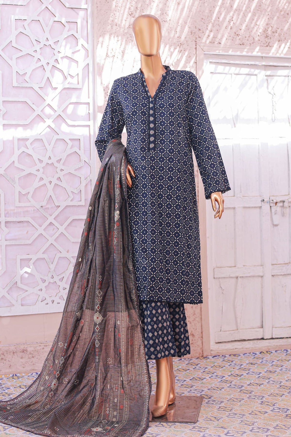 Bin Saeed Stitched 3 Piece Exclusive Printed Lawn Vol-05 Collection'2025-SM-1915-Blue