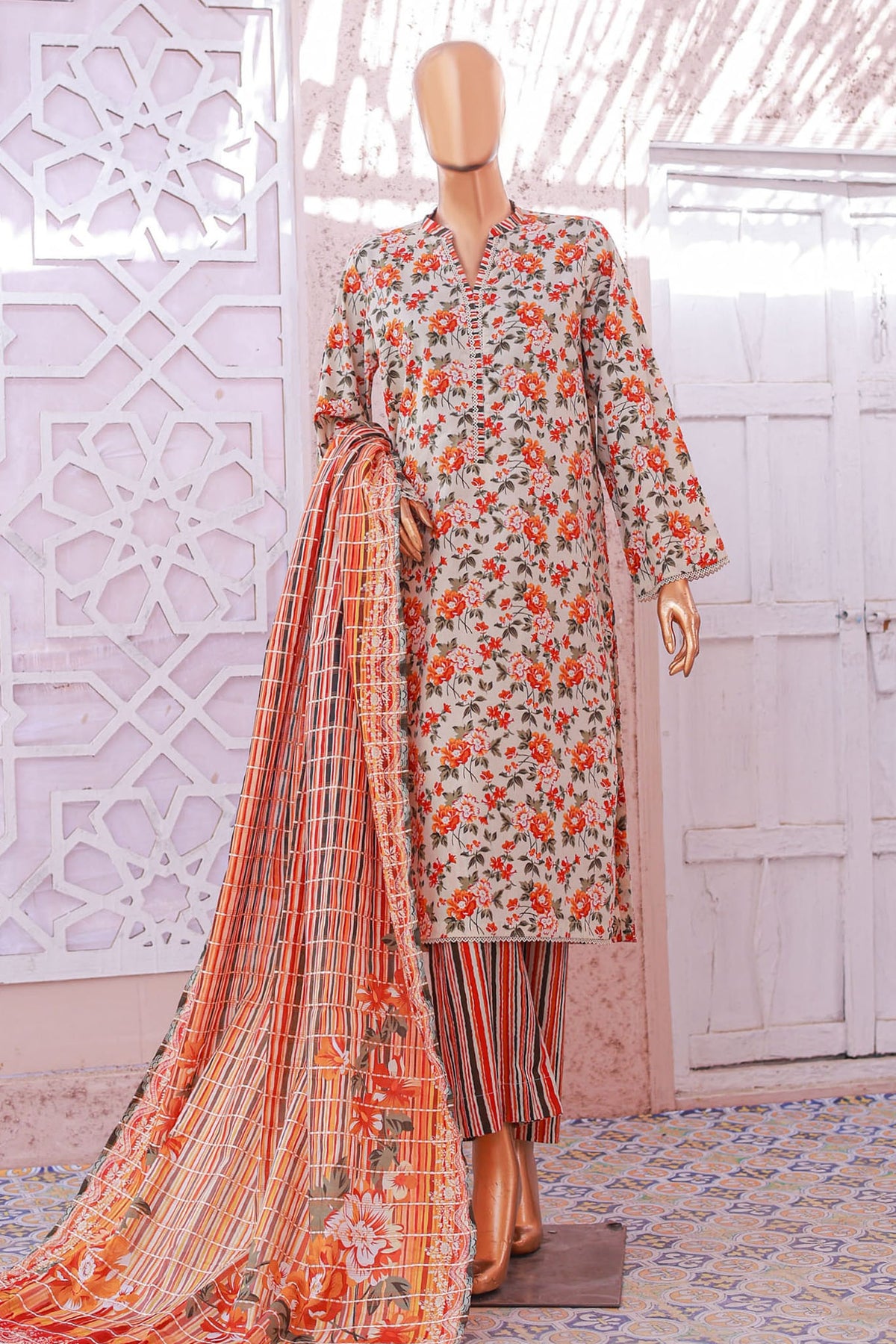 Bin Saeed Stitched 3 Piece Exclusive Printed Lawn Vol-05 Collection'2025-SM-1920-Off White