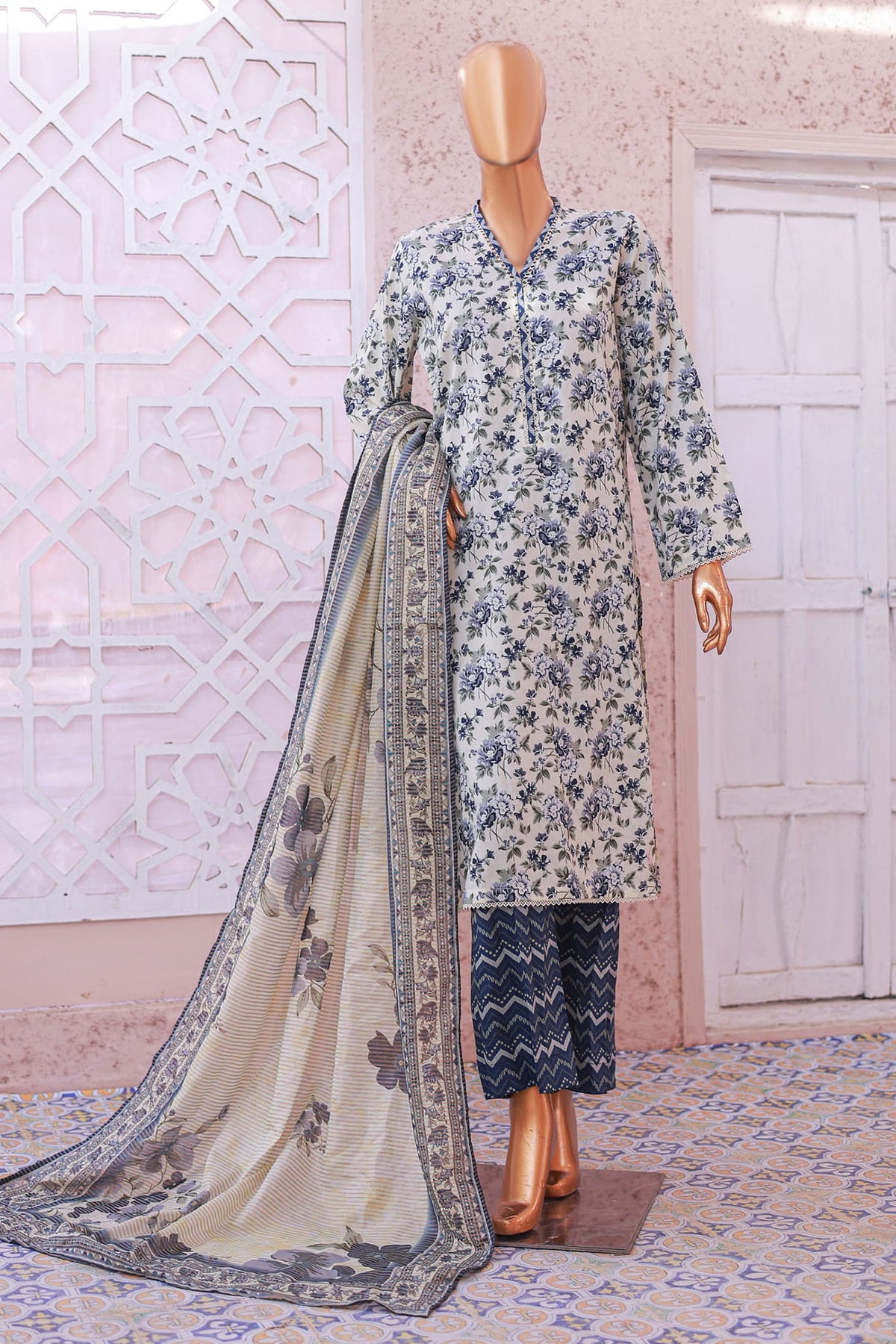 Bin Saeed Stitched 3 Piece Exclusive Printed Lawn Vol-05 Collection'2025-SM-1921-White