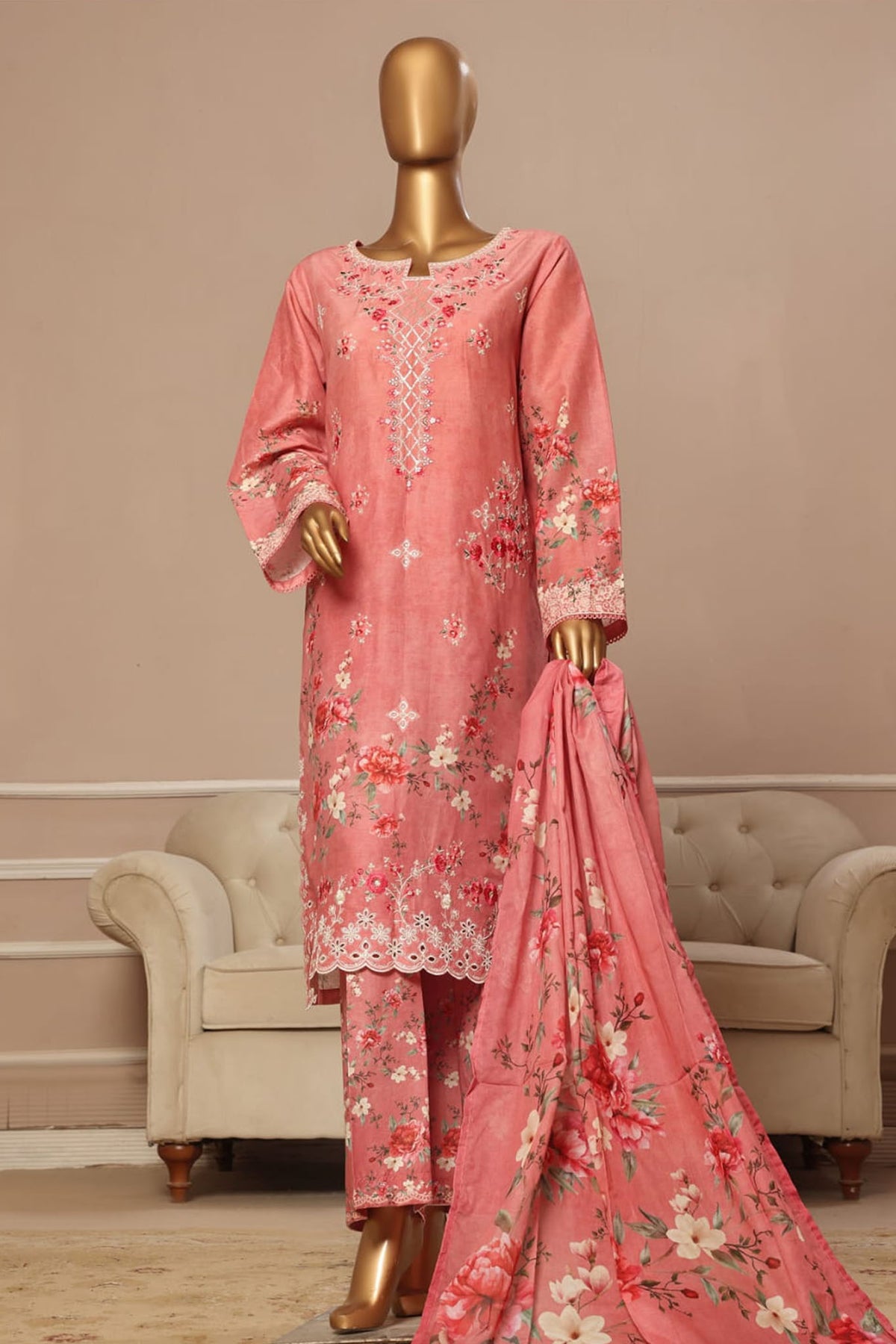 Bin Saeed Stitched 3 Piece Exclusive Emb Lawn Vol-05 Collection-SM-1931-Pink