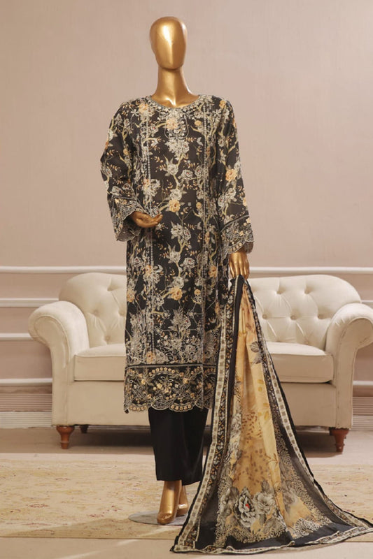 Bin Saeed Stitched 3 Piece Exclusive Emb Lawn Vol-05 Collection-SM-1943-Black