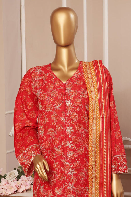 Bin Saeed Stitched 3 Piece Exclusive Emb Lawn Vol-05 Collection-SM-1945-Red