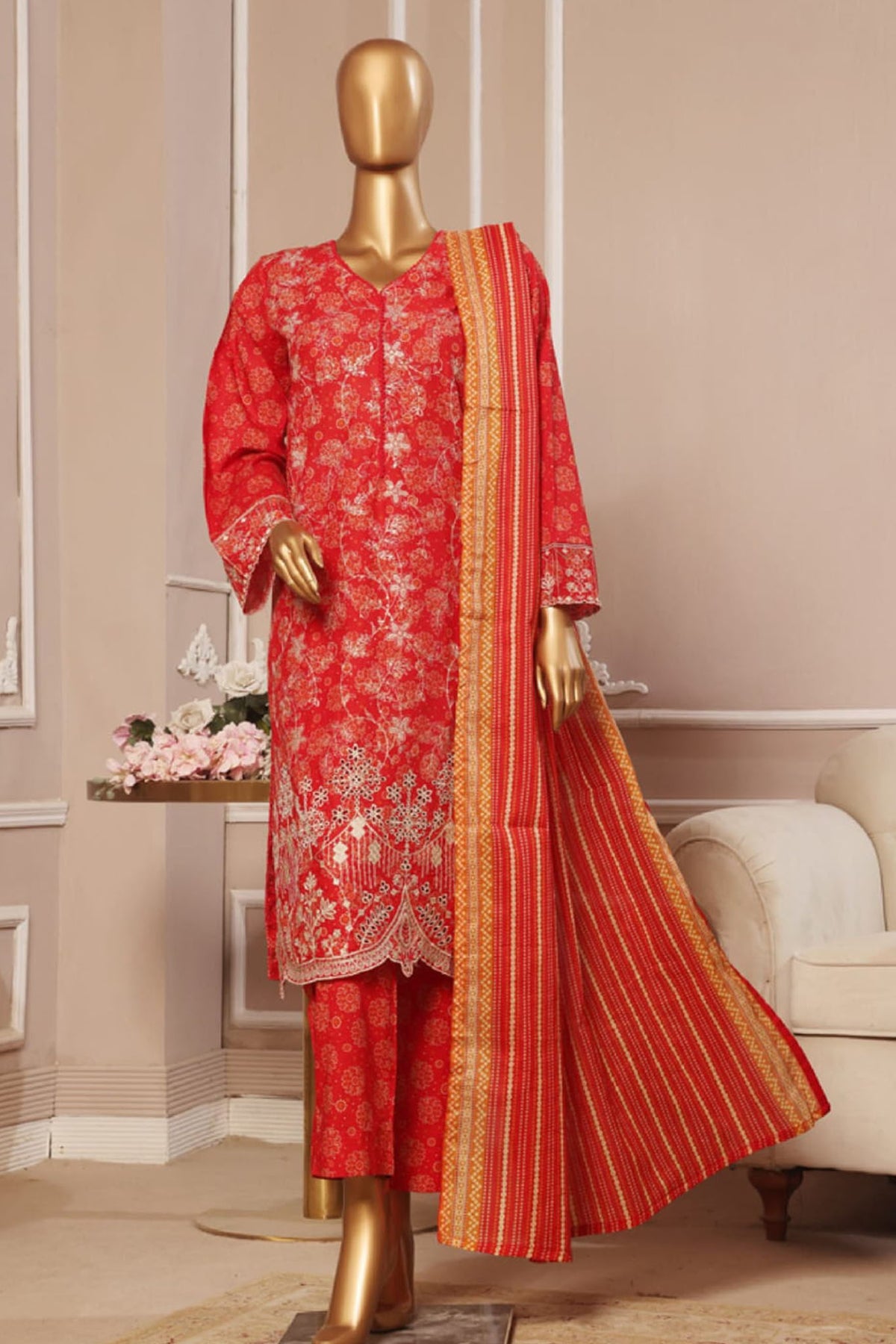 Bin Saeed Stitched 3 Piece Exclusive Emb Lawn Vol-05 Collection-SM-1945-Red