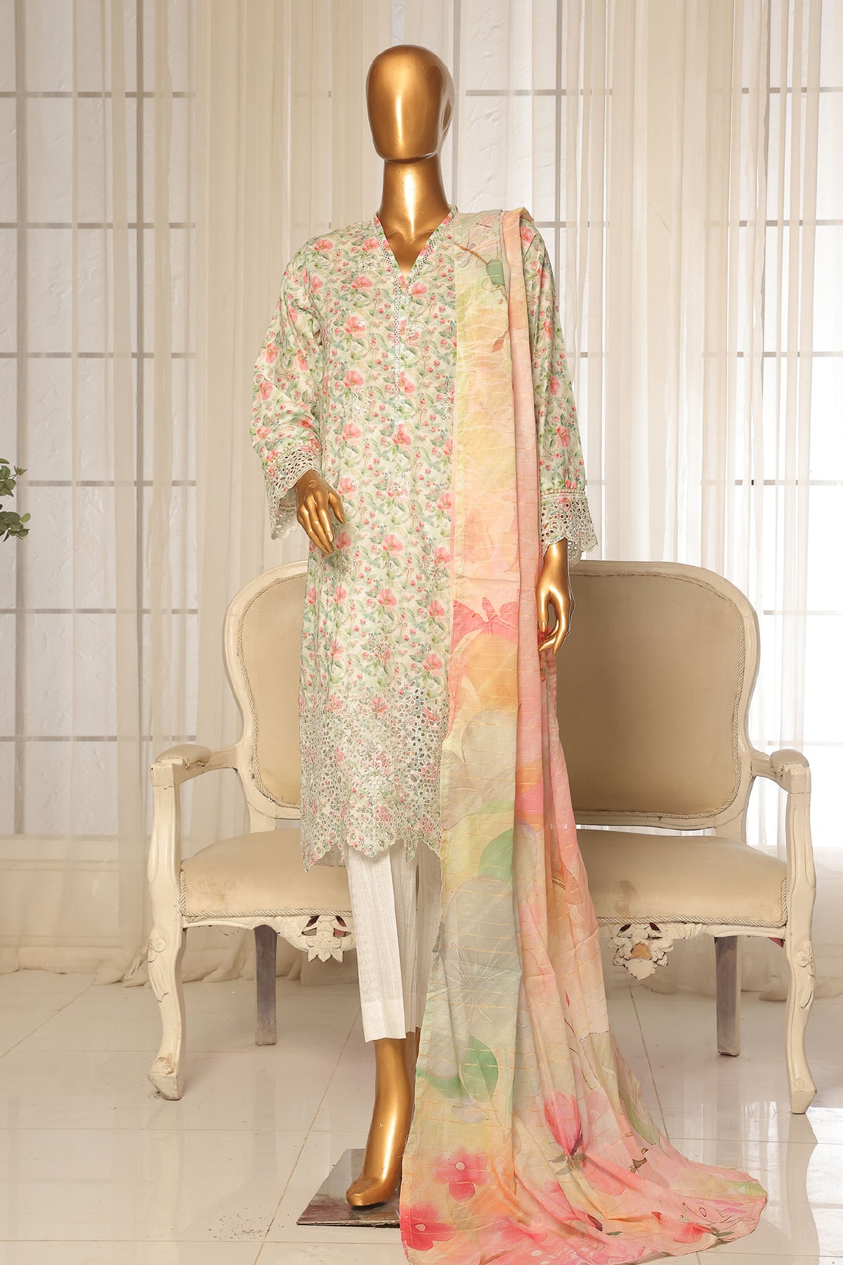 Bin Saeed Stitched 3 Piece Exc White and White Chikankari Collection'2025-SM-2001-Pista