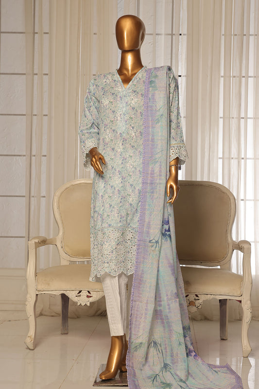 Bin Saeed Stitched 3 Piece Exc White and White Chikankari Collection'2025-SM-2010-Sky